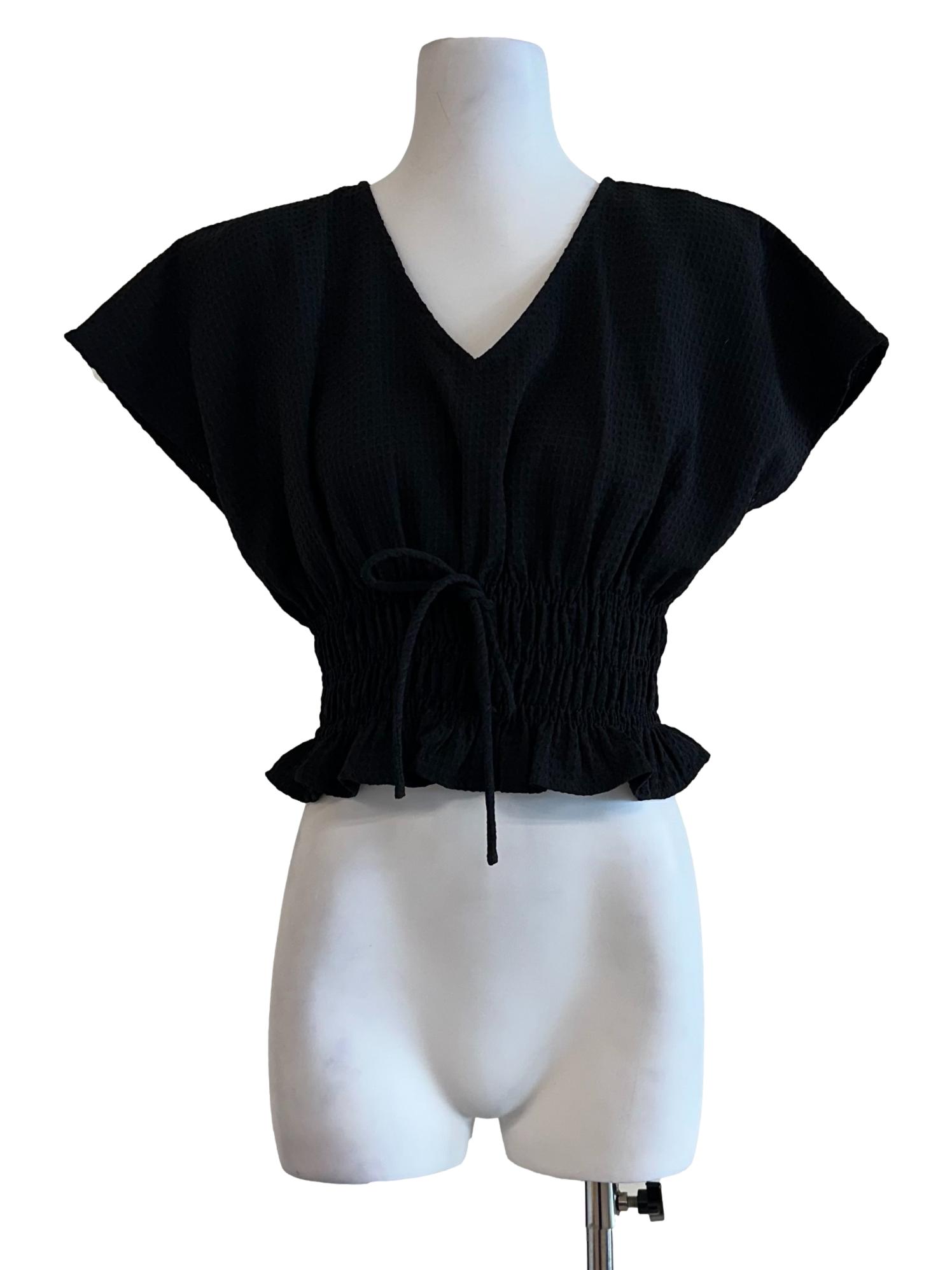 Sable Black Textured V Neckline Top