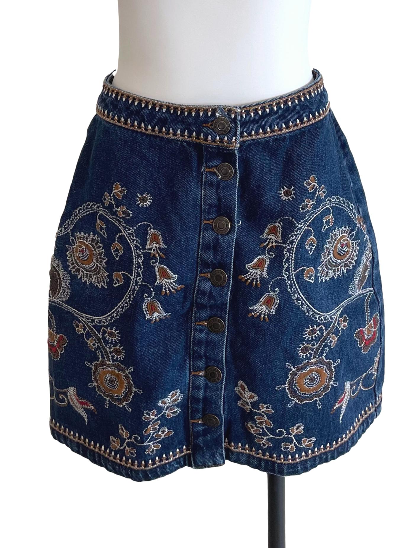 Dark Blue Embroidery A-Line Jean Skirt