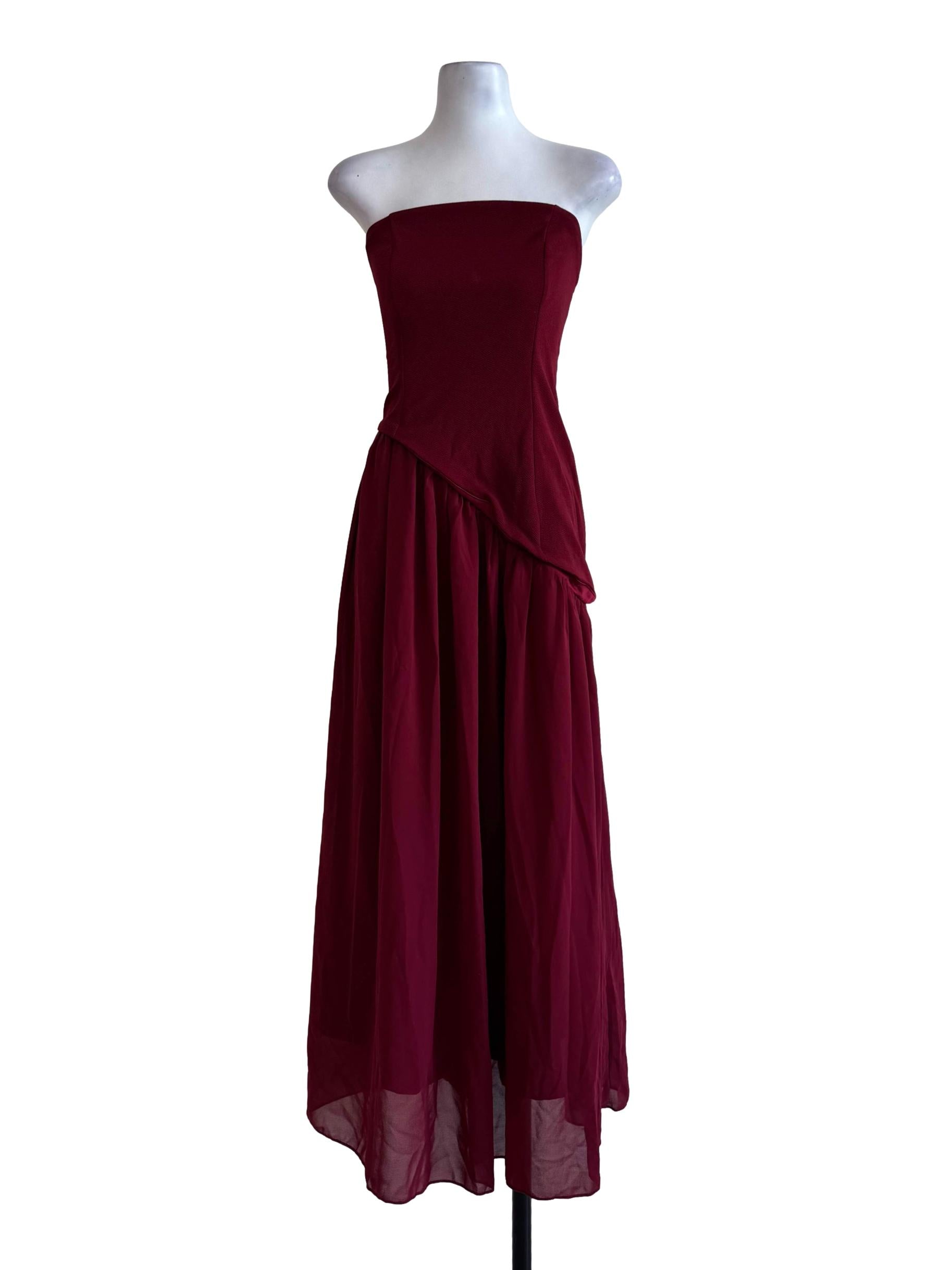 Maroon Asymmetric Strapless Dress