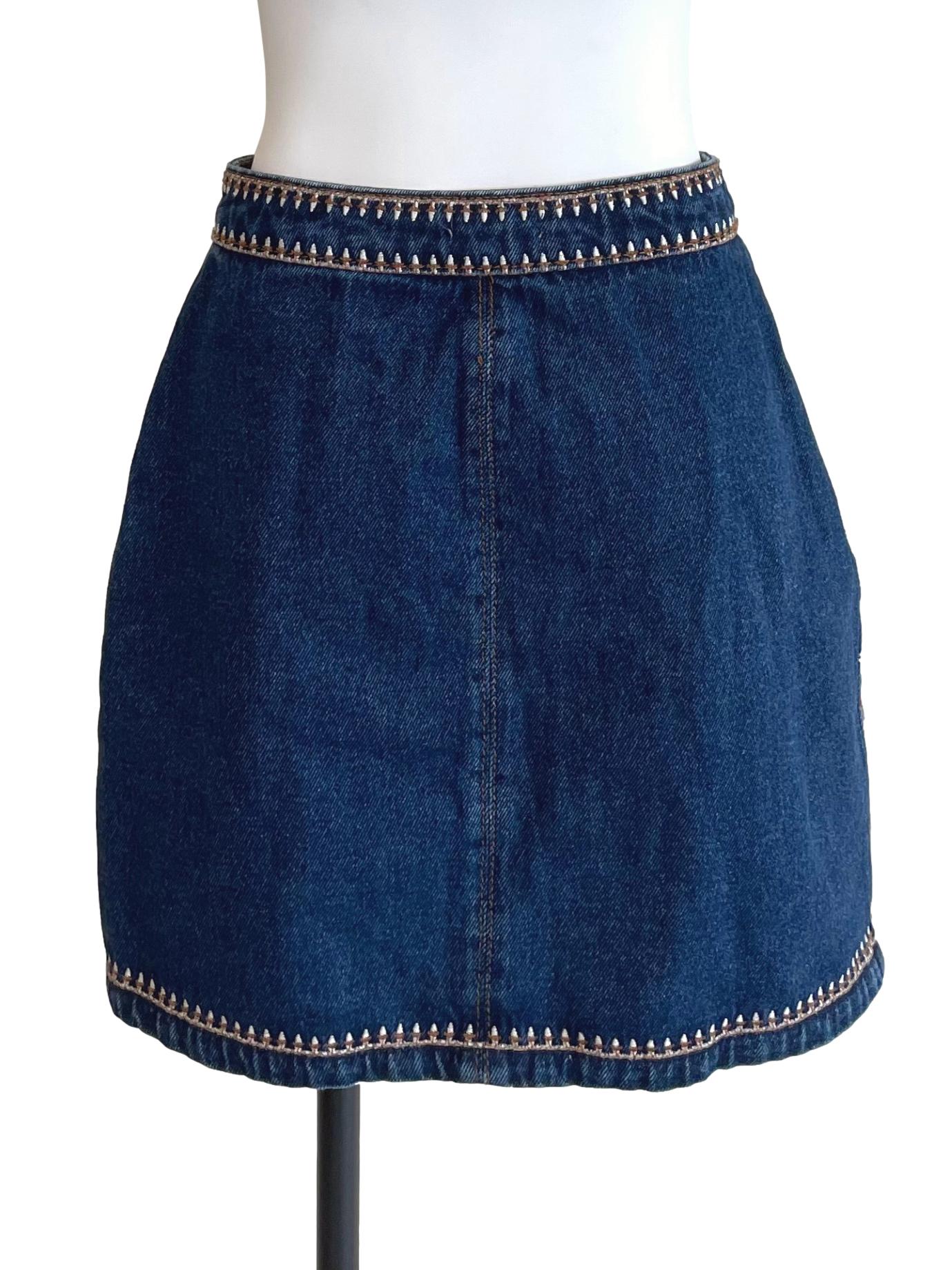 Dark Blue Embroidery A-Line Jean Skirt