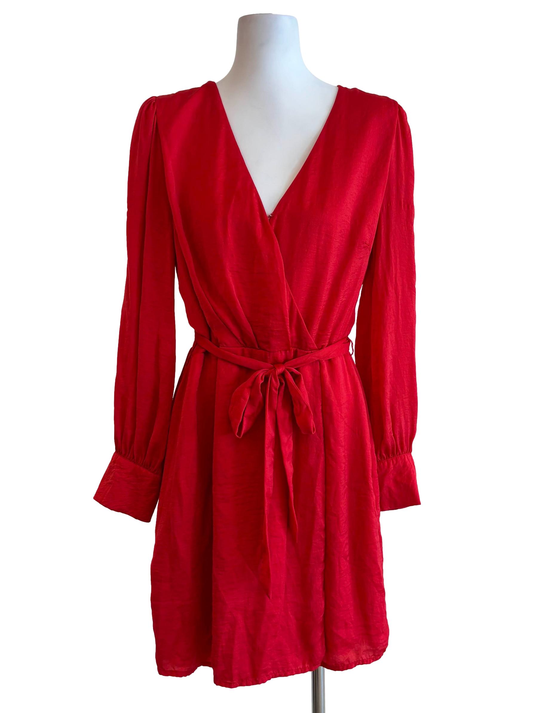 Red Long Sleeve Surplice A-Line Dress