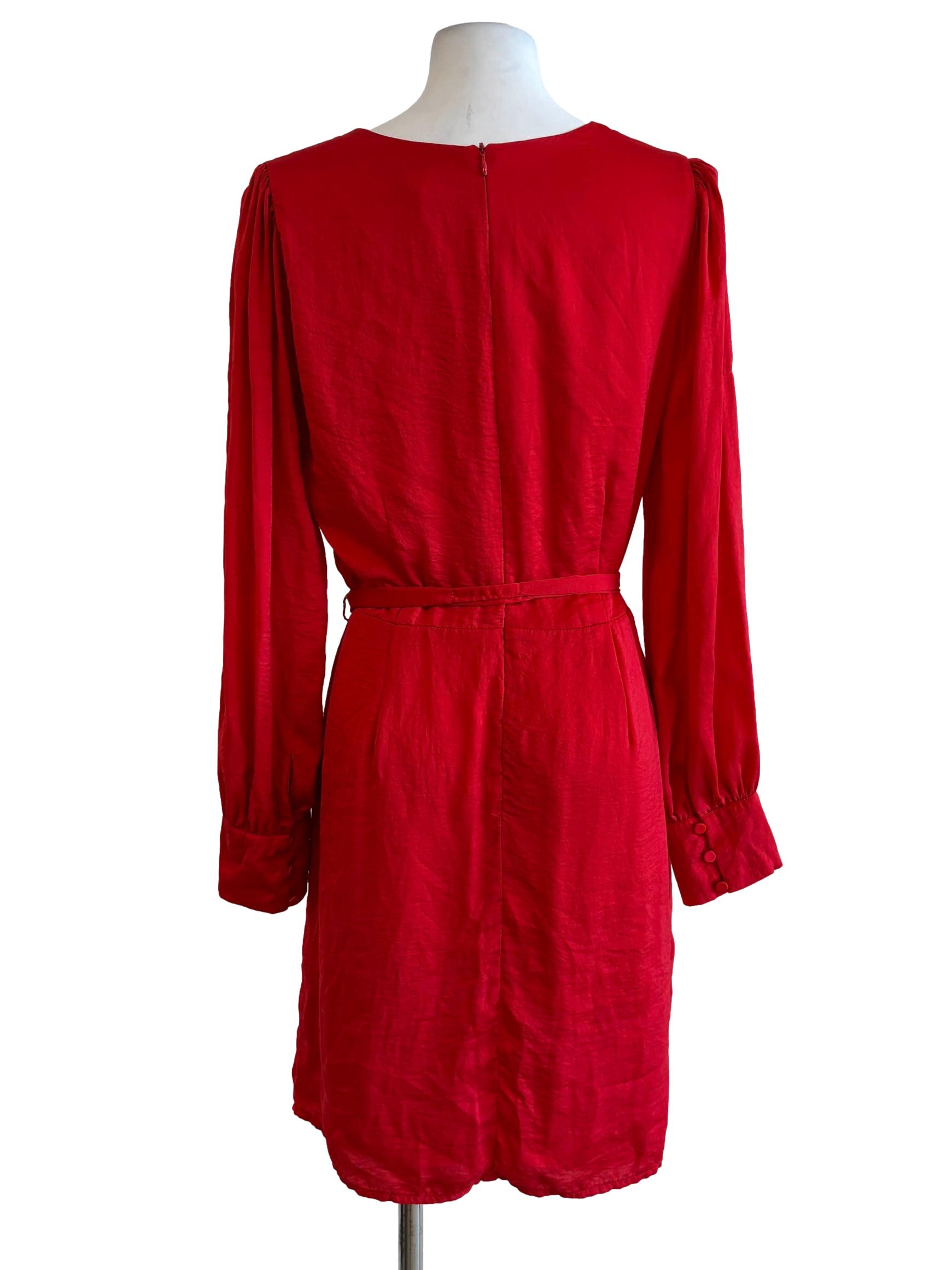 Red Long Sleeve Surplice A-Line Dress
