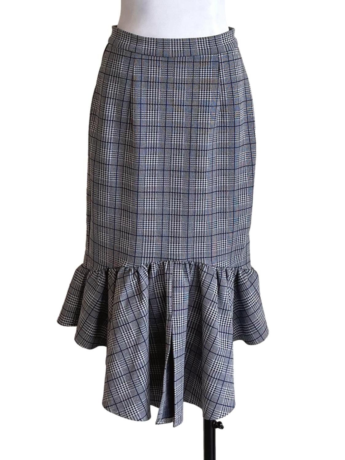 Berry Blue Checked Ruffle Pencil Skirt