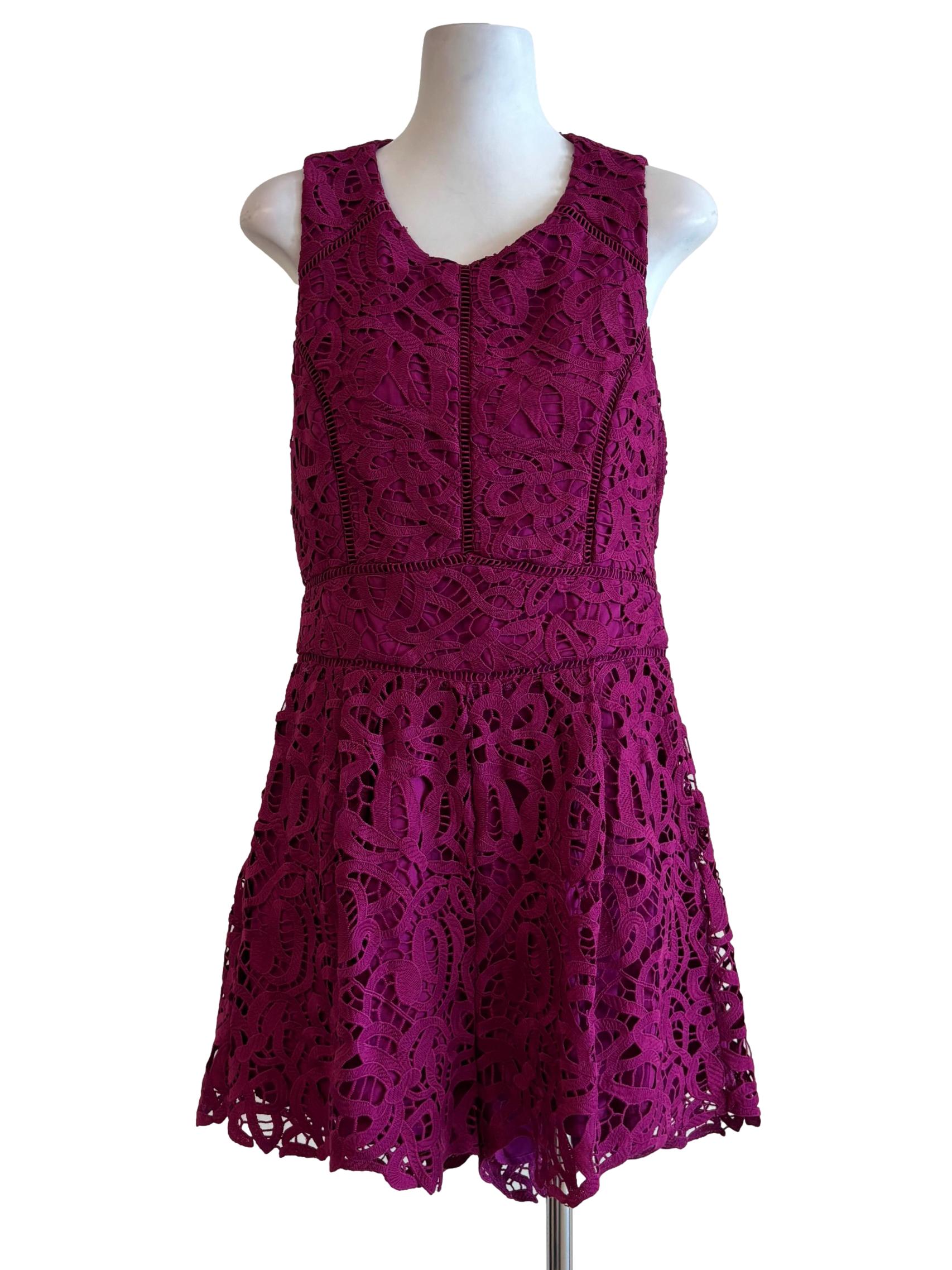 Wine Purple Round Neck Lace Romper