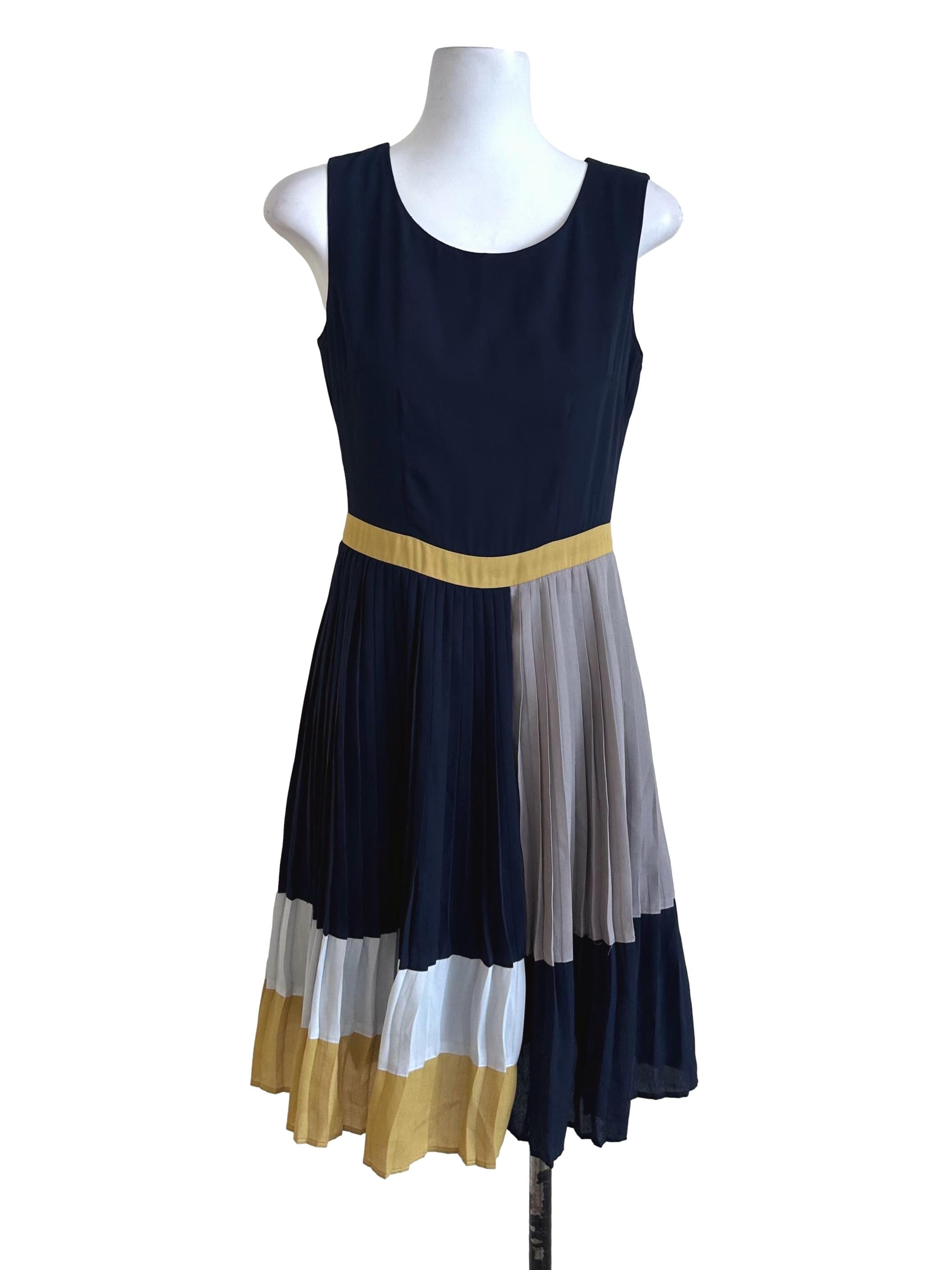 Navy Blue Plain Pleated Dress