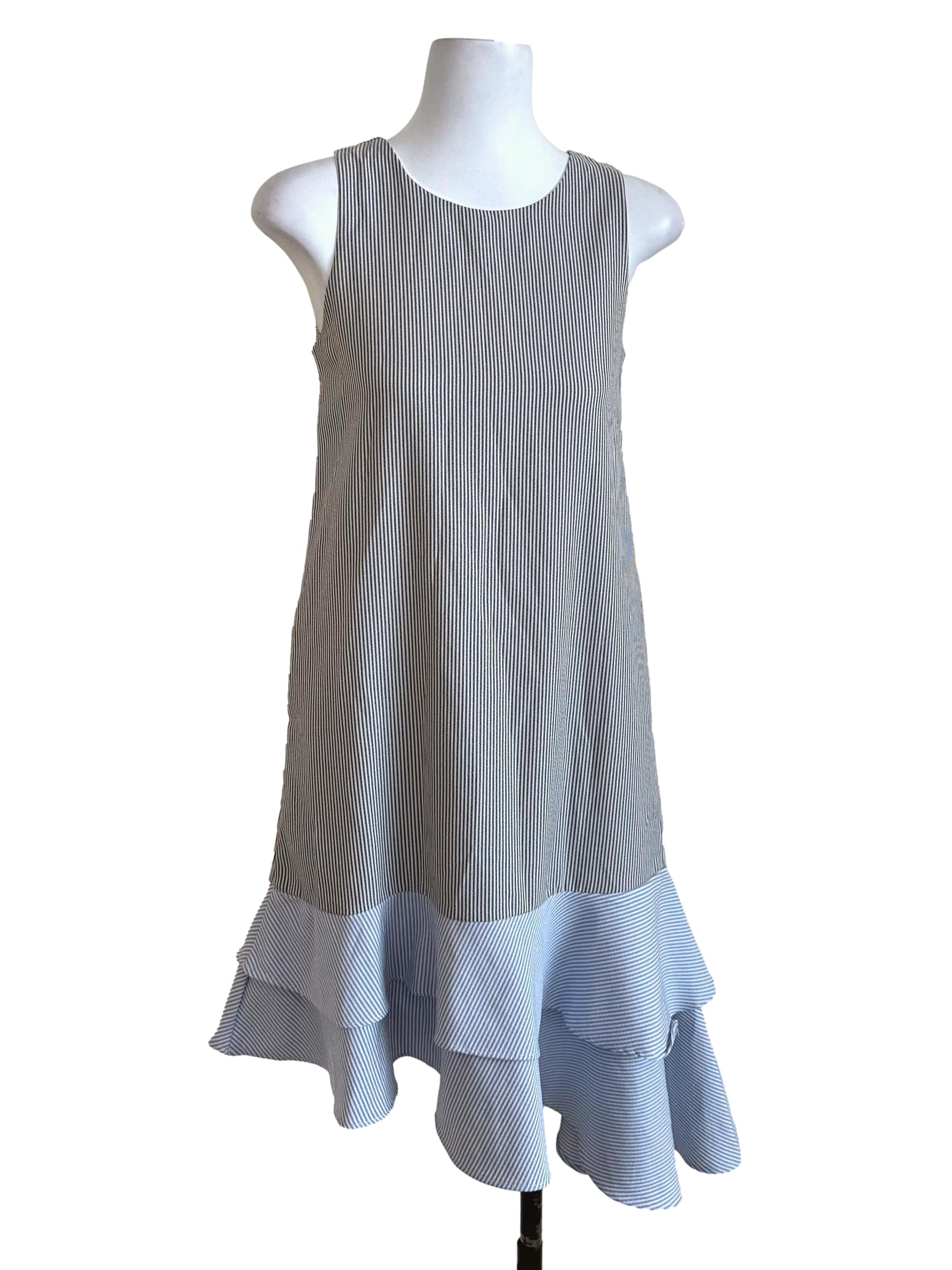 Black Blue Stripe Ruffle Dress