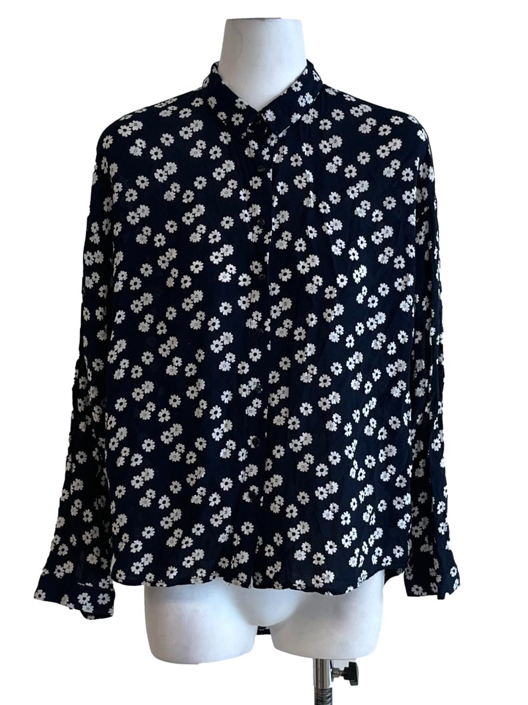 Navy Blue Floral Button-Down Blouse