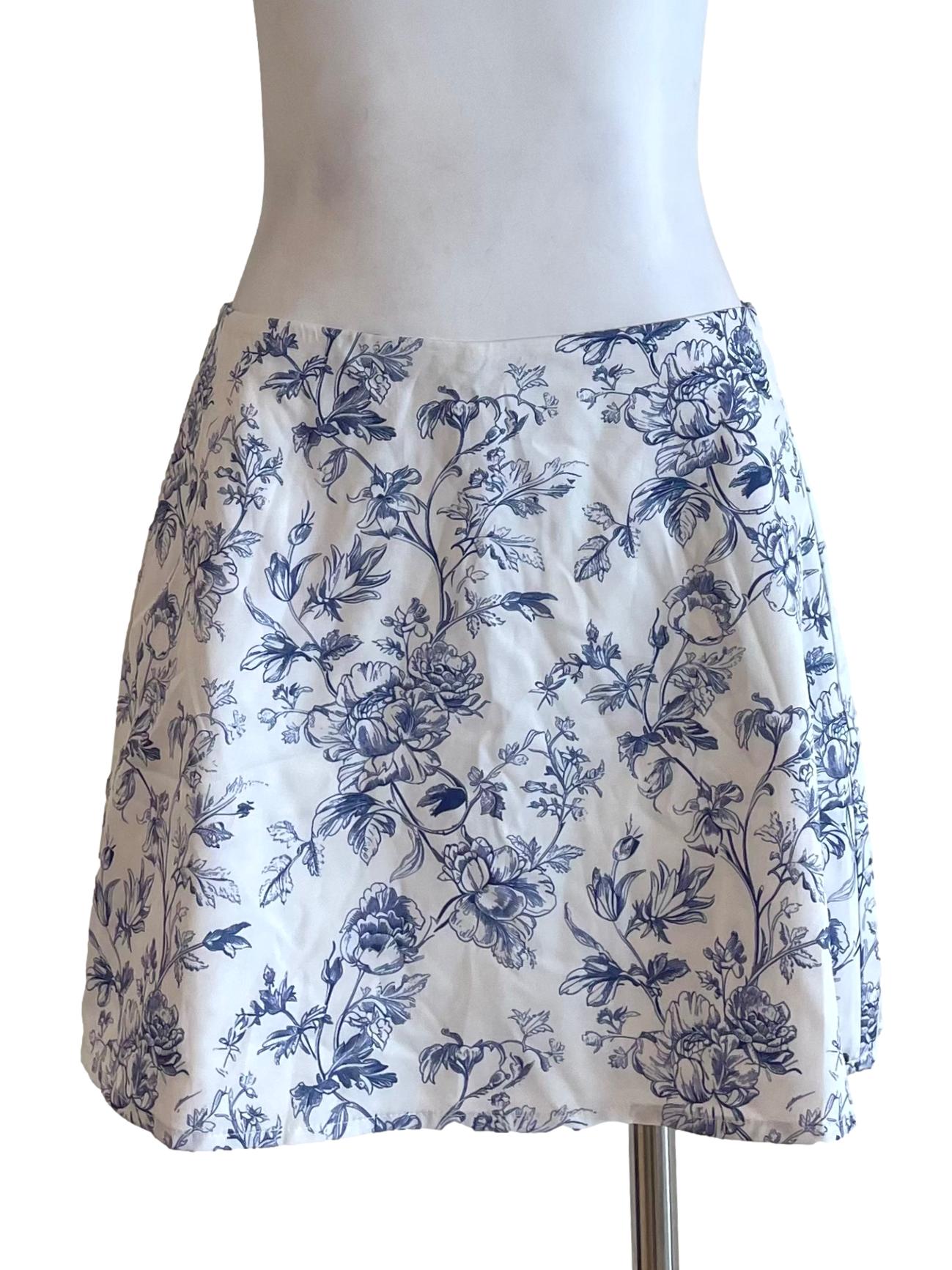 White & Indigo Floral A-Line Mini Skirt