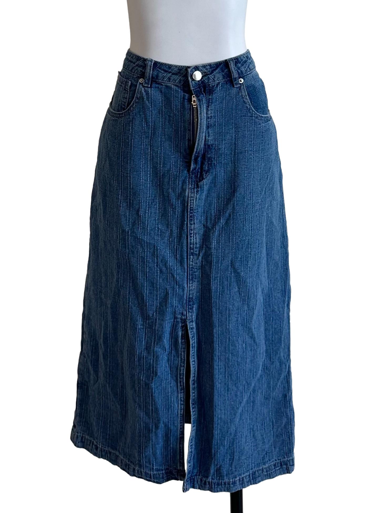 Indigo Blue Denim Textured Slit Skirt