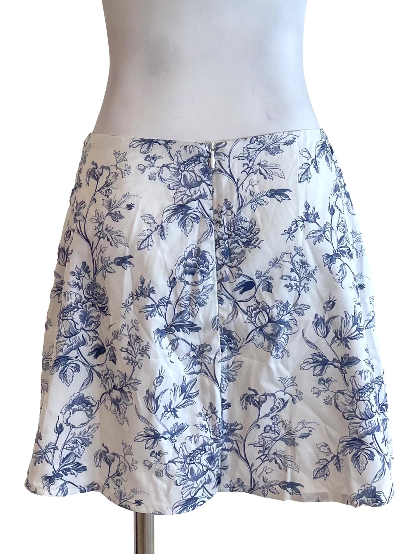 White & Indigo Floral A-Line Mini Skirt