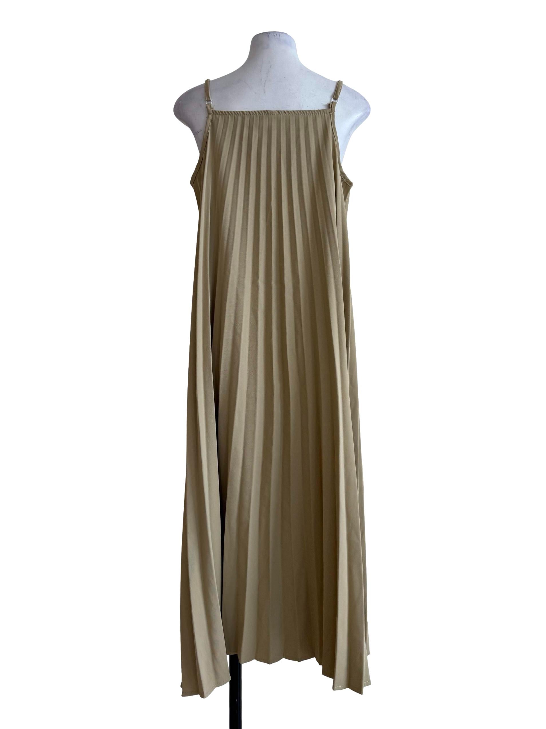 Camel Brown Pleated A-Line Dress