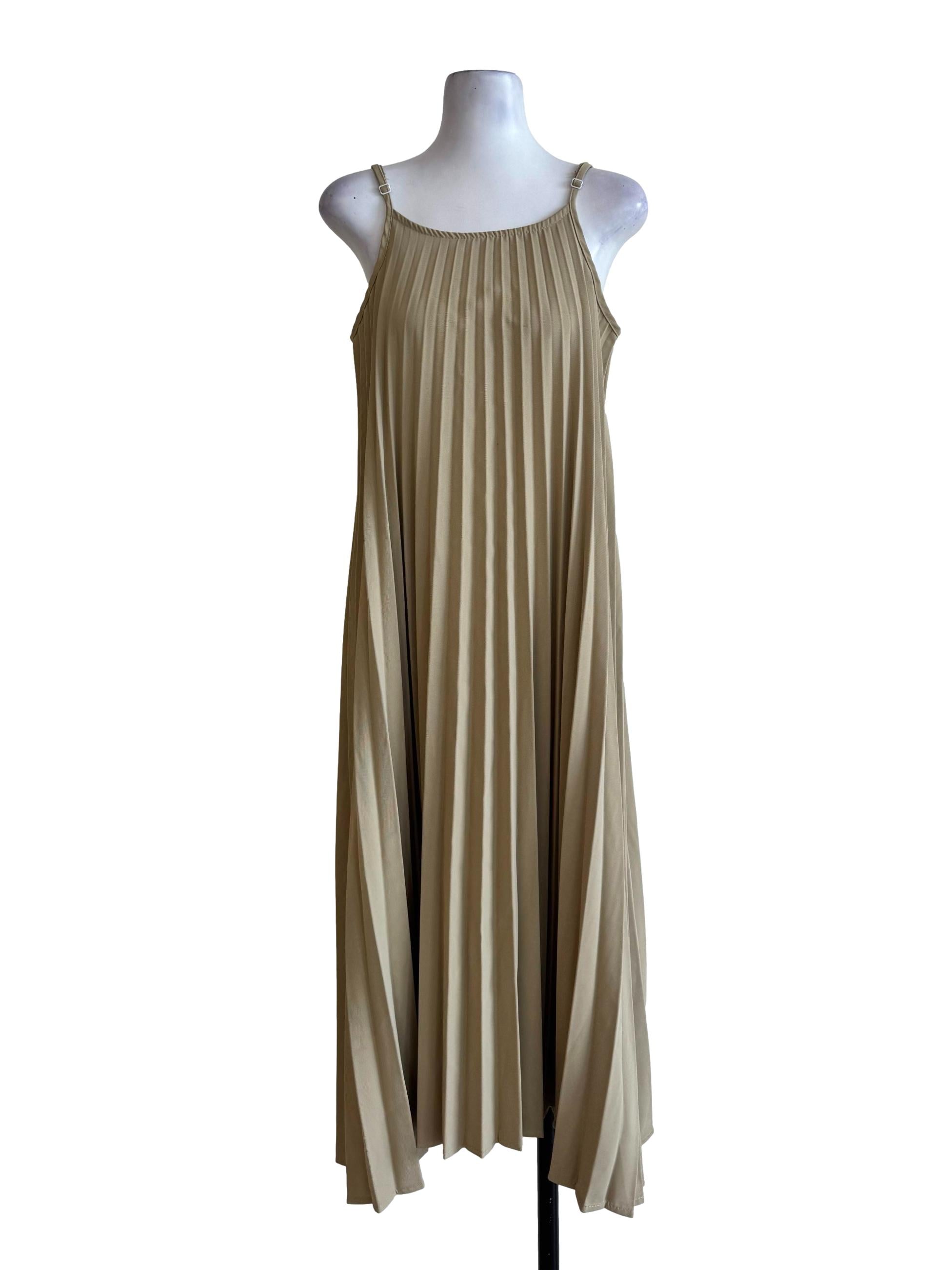 Camel Brown Pleated A-Line Dress