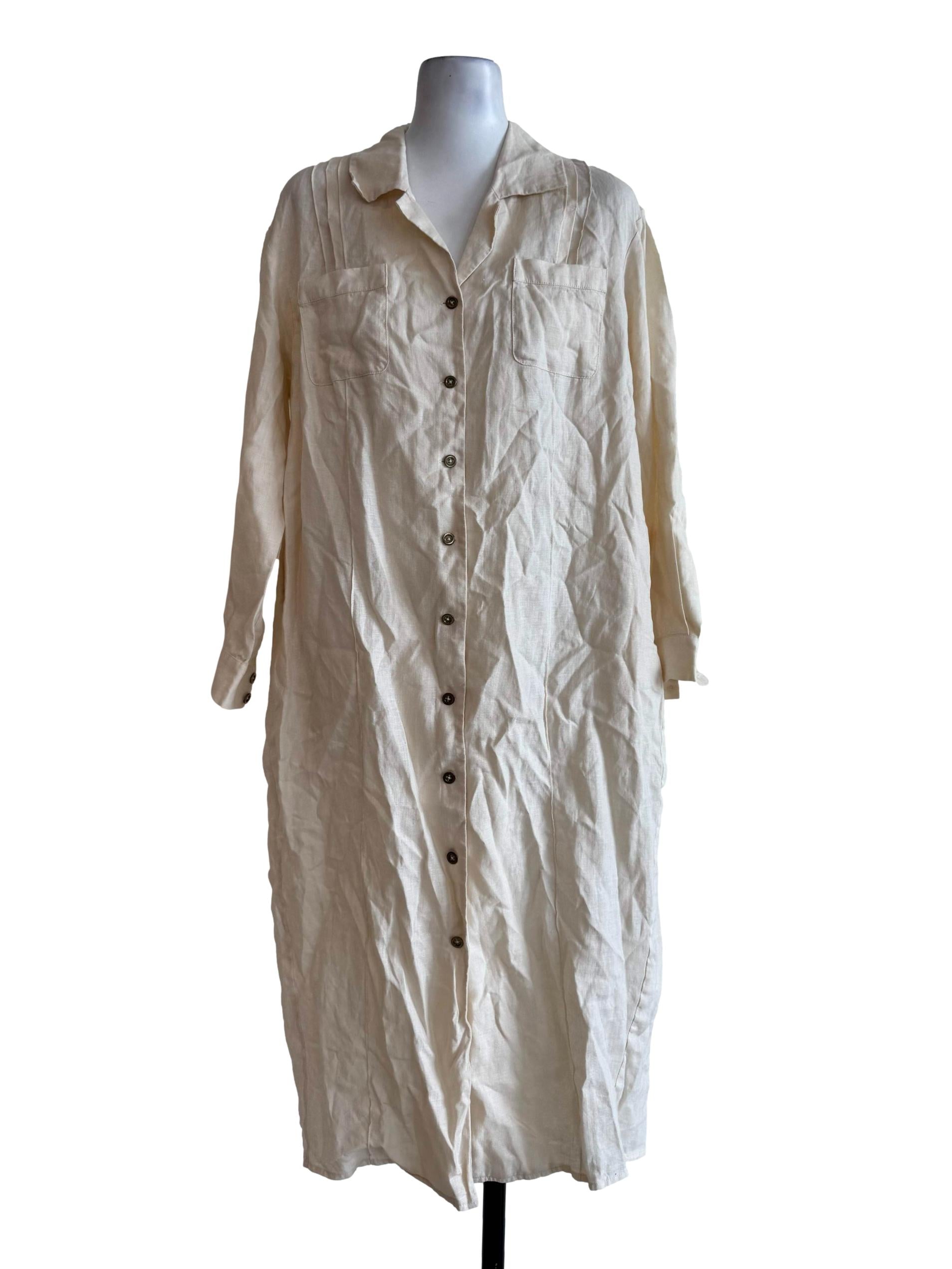 Cotton Beige Long Sleeve Shirt Dress