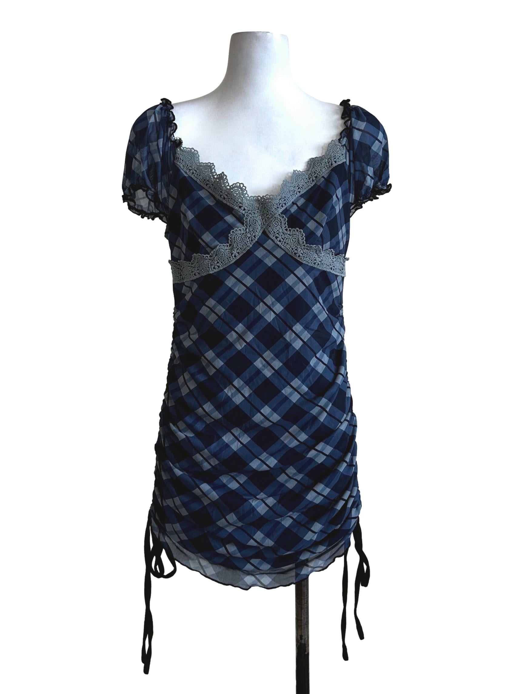 Blue Check Pattern Mini Dress