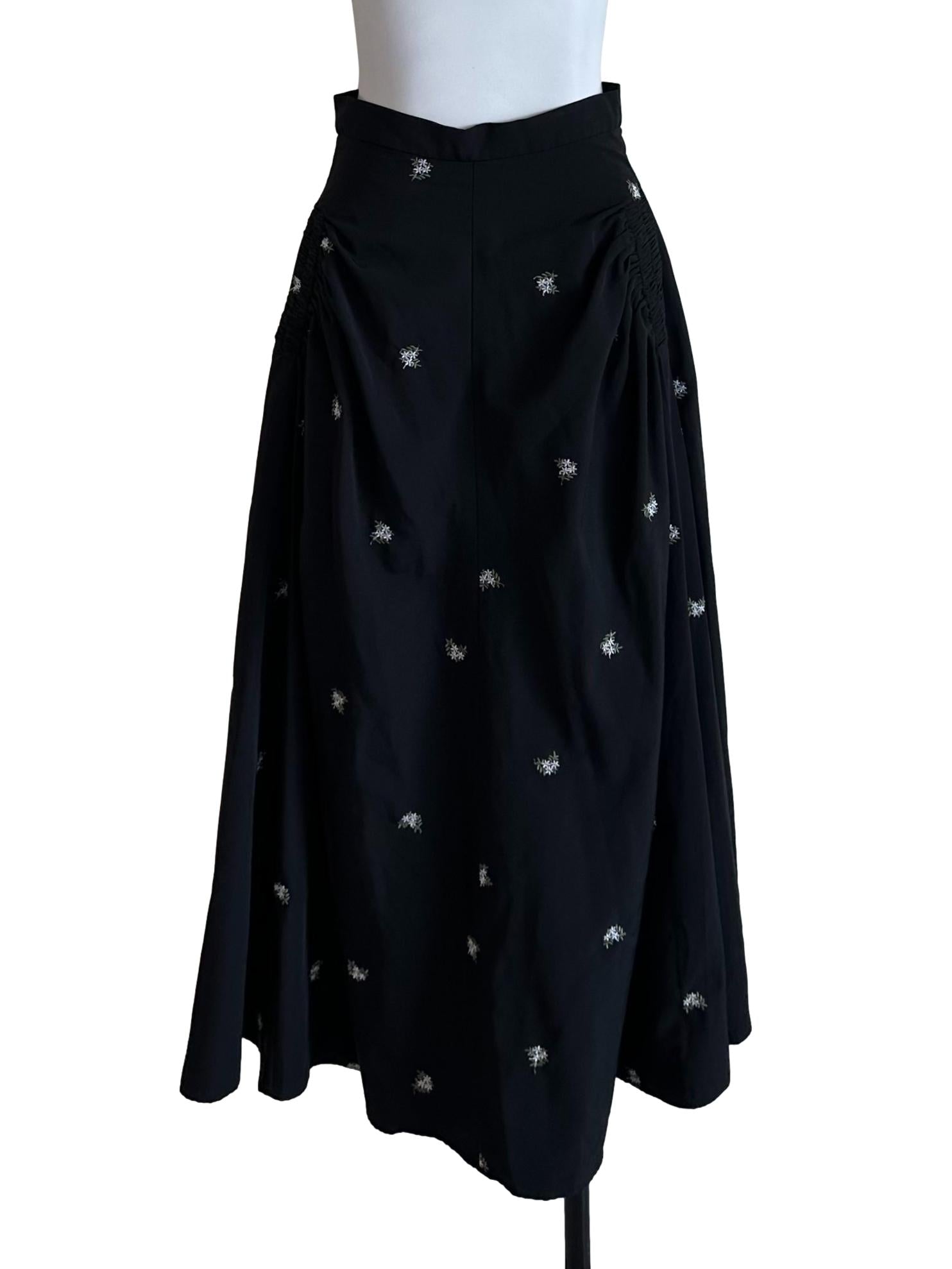 Raven Black Floral Embroidery Side Ruched Skirt