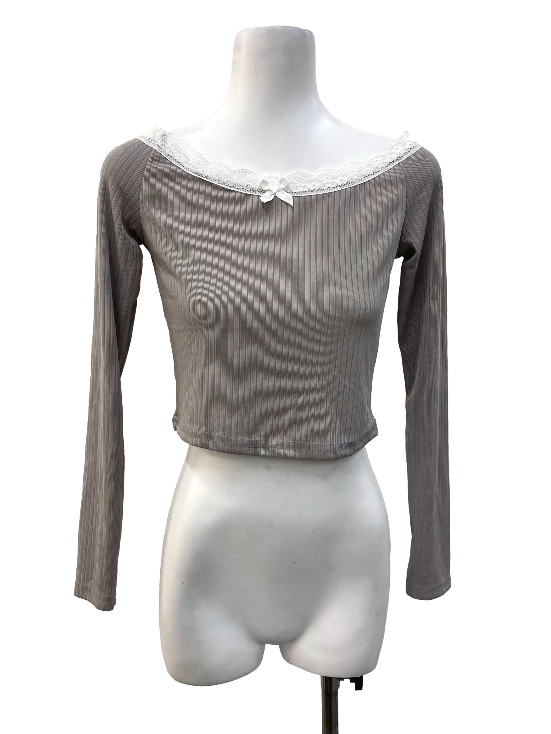 Grey Ribbed Laced Long Sleeve Top