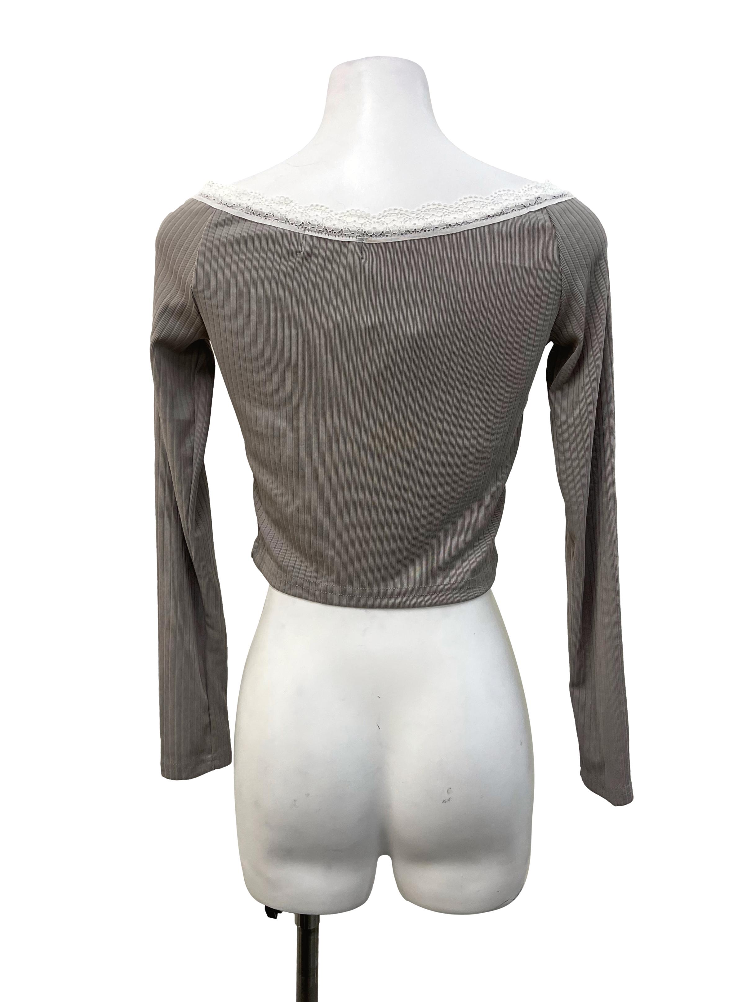 Grey Ribbed Laced Long Sleeve Top