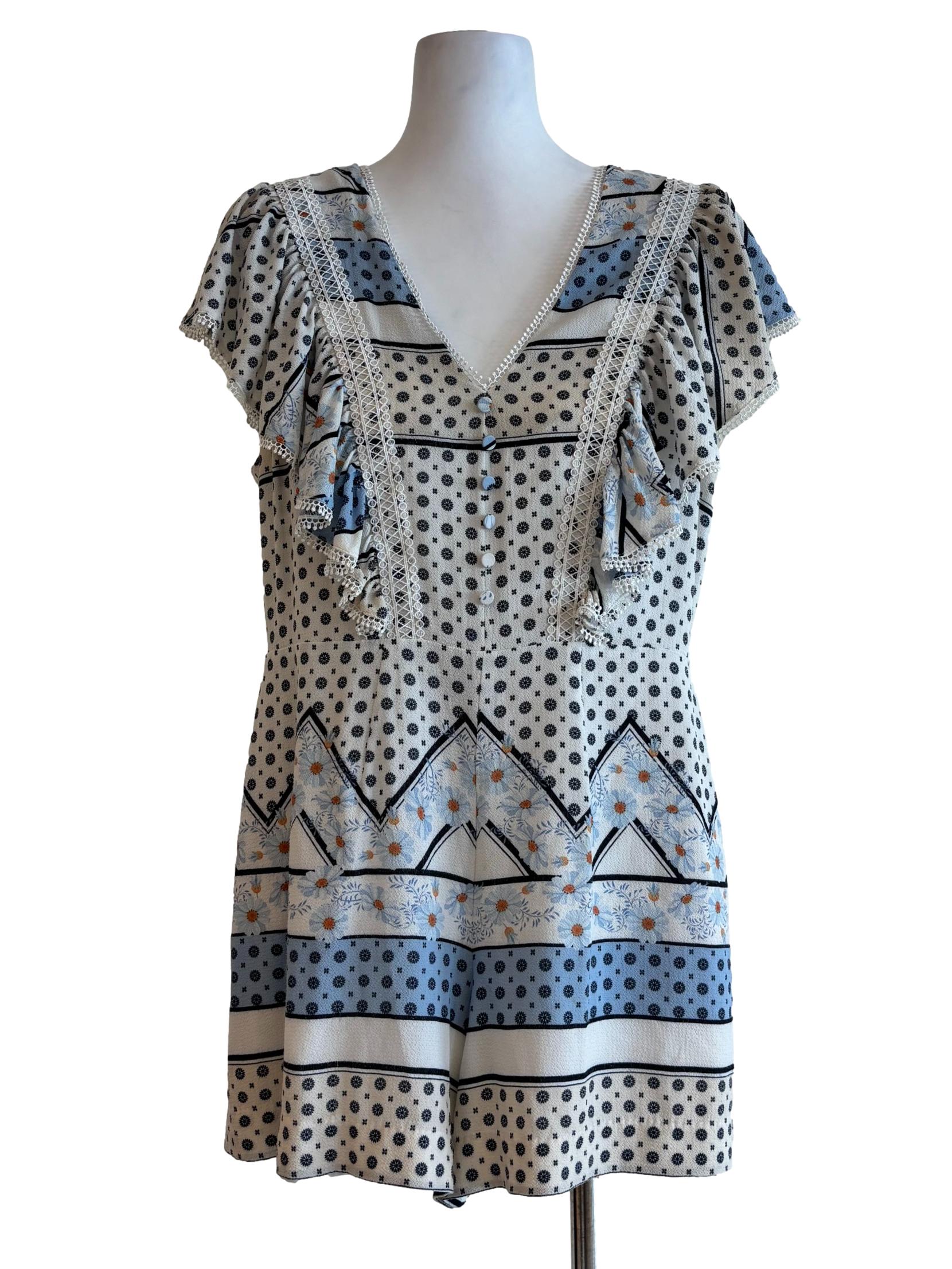 Powder White Printed Ruffle Rompers
