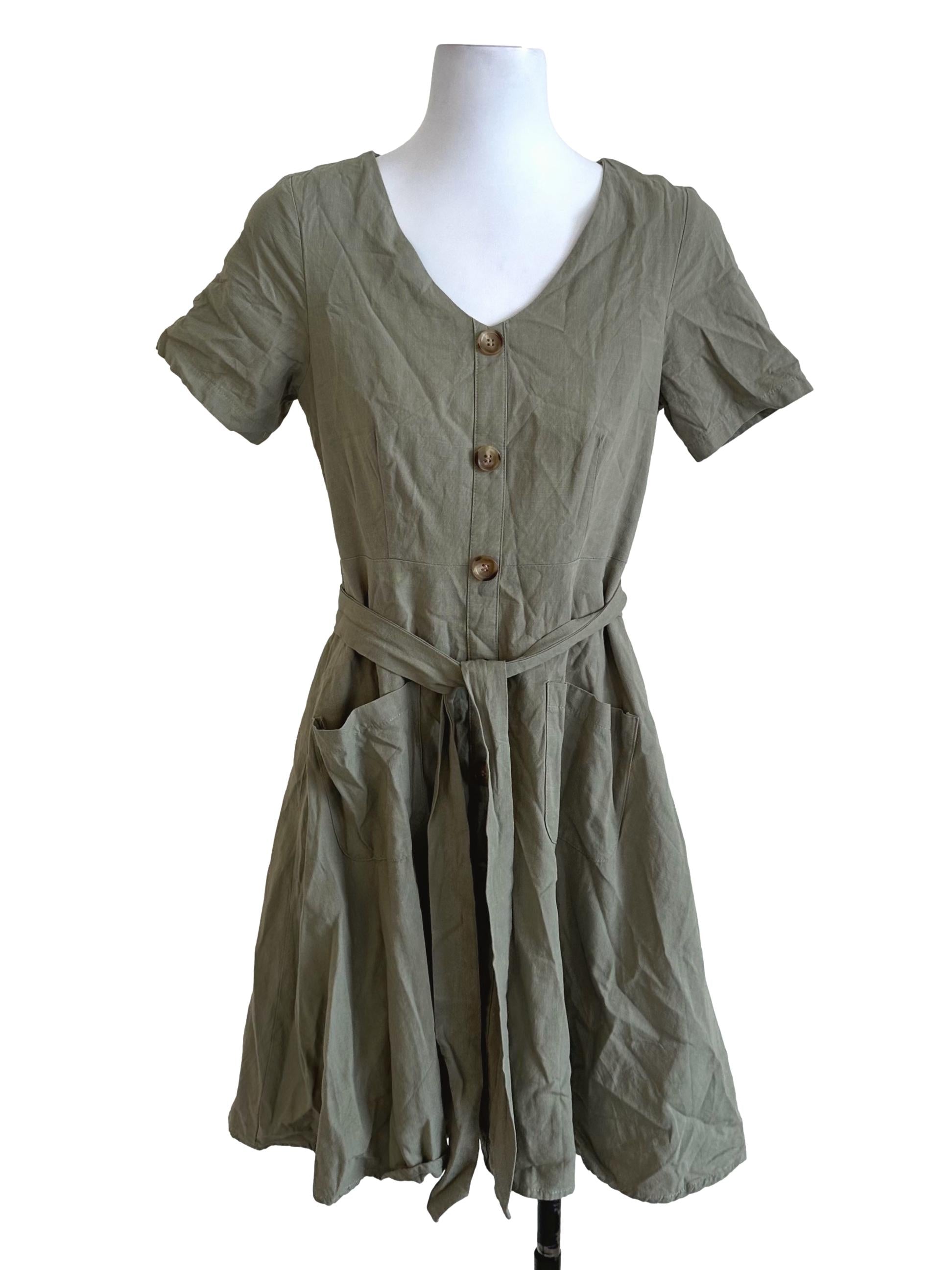 Pickle Green Plain Button Dress