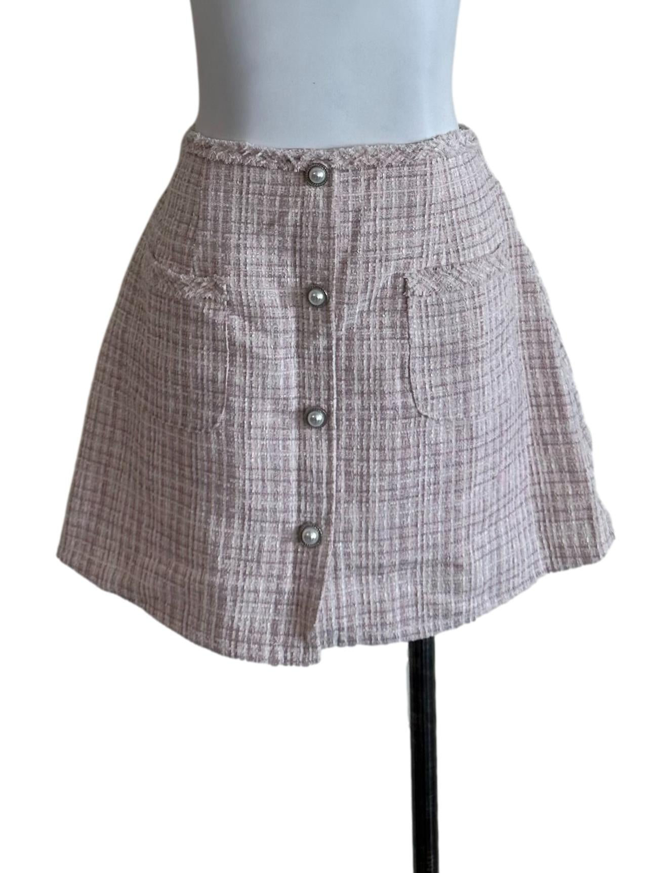 Light Pink Tweed Textured Button Skorts
