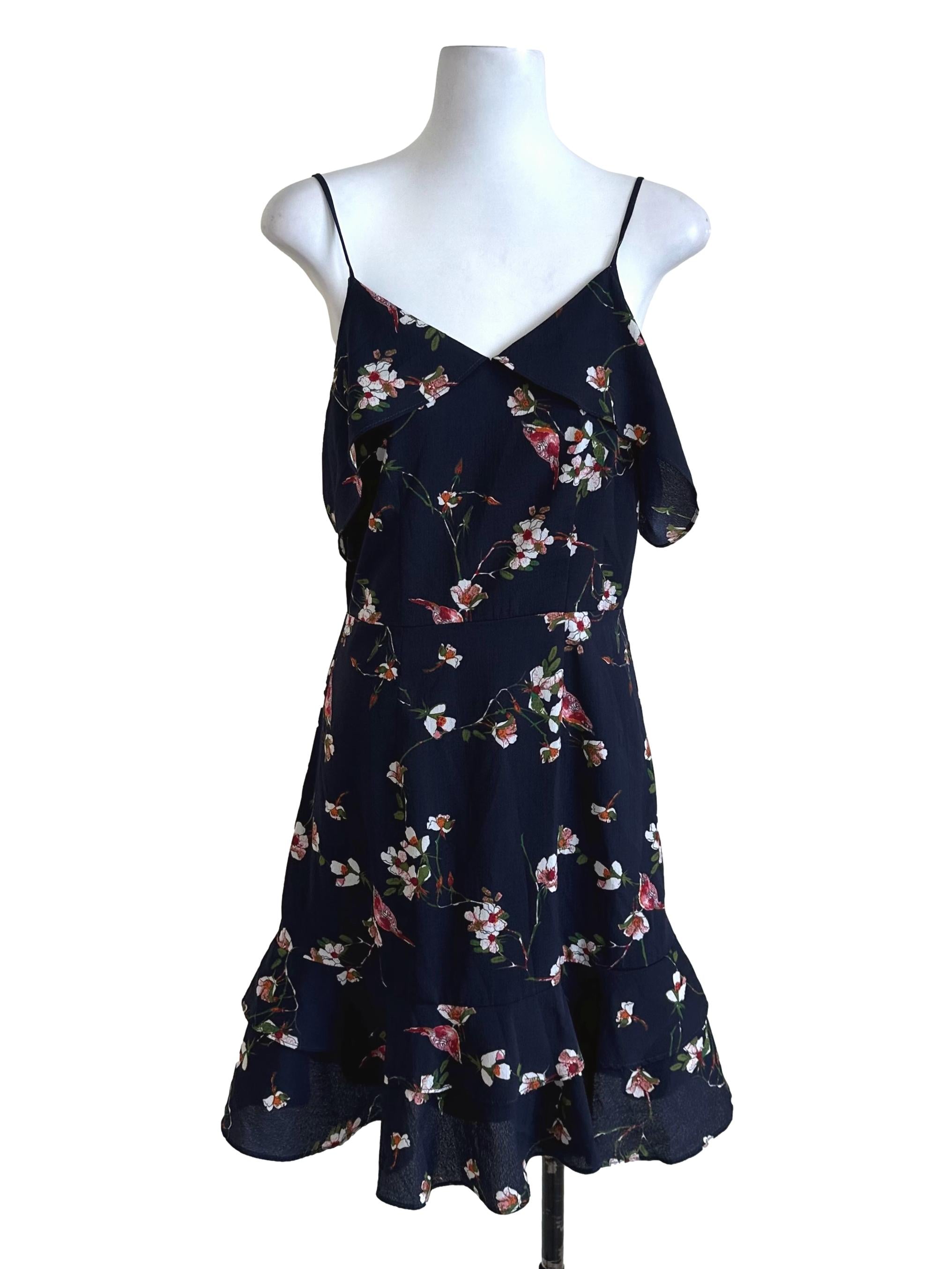 Navy Blue Floral Off Shoulder Dress