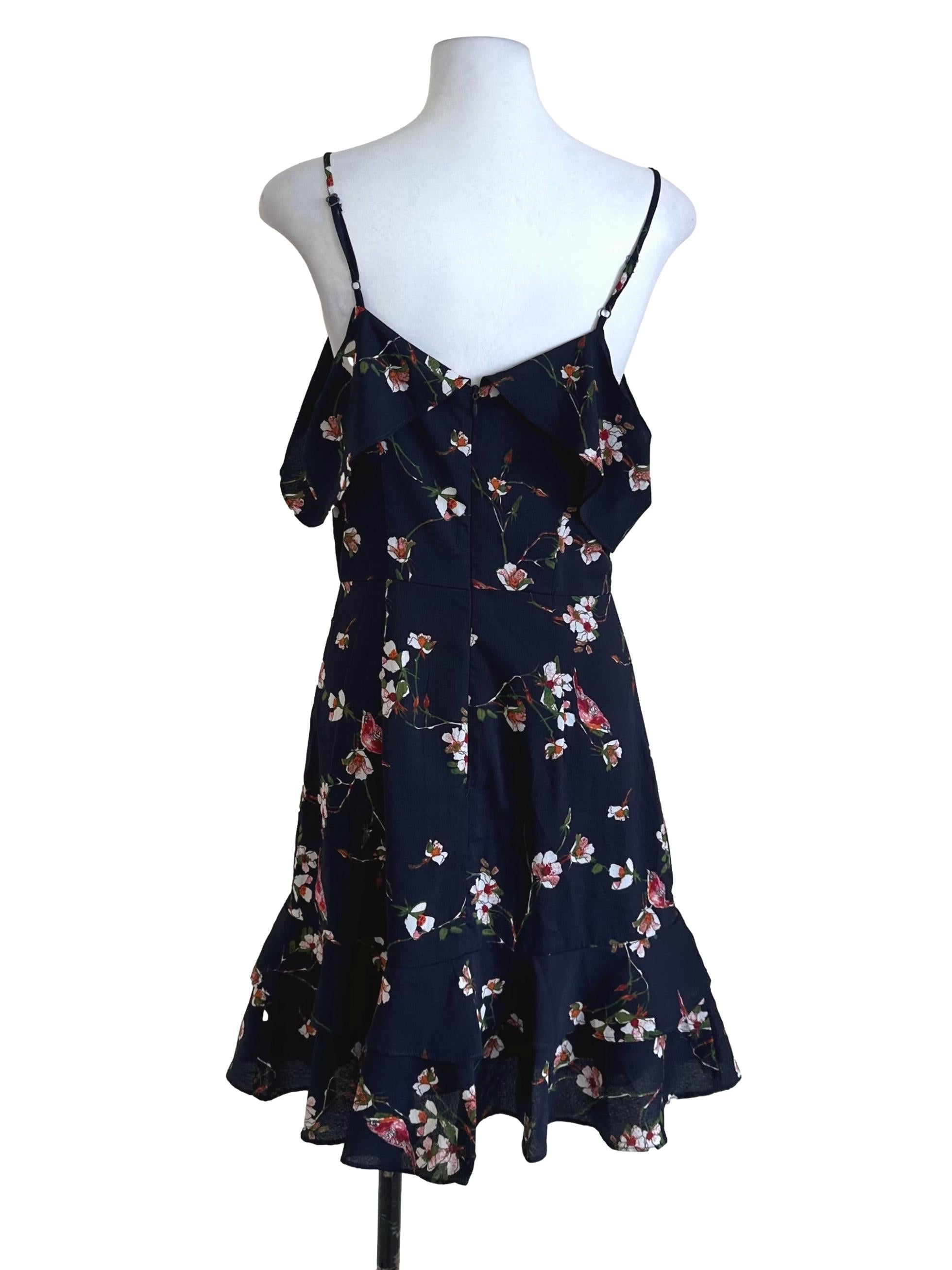 Navy Blue Floral Off Shoulder Dress
