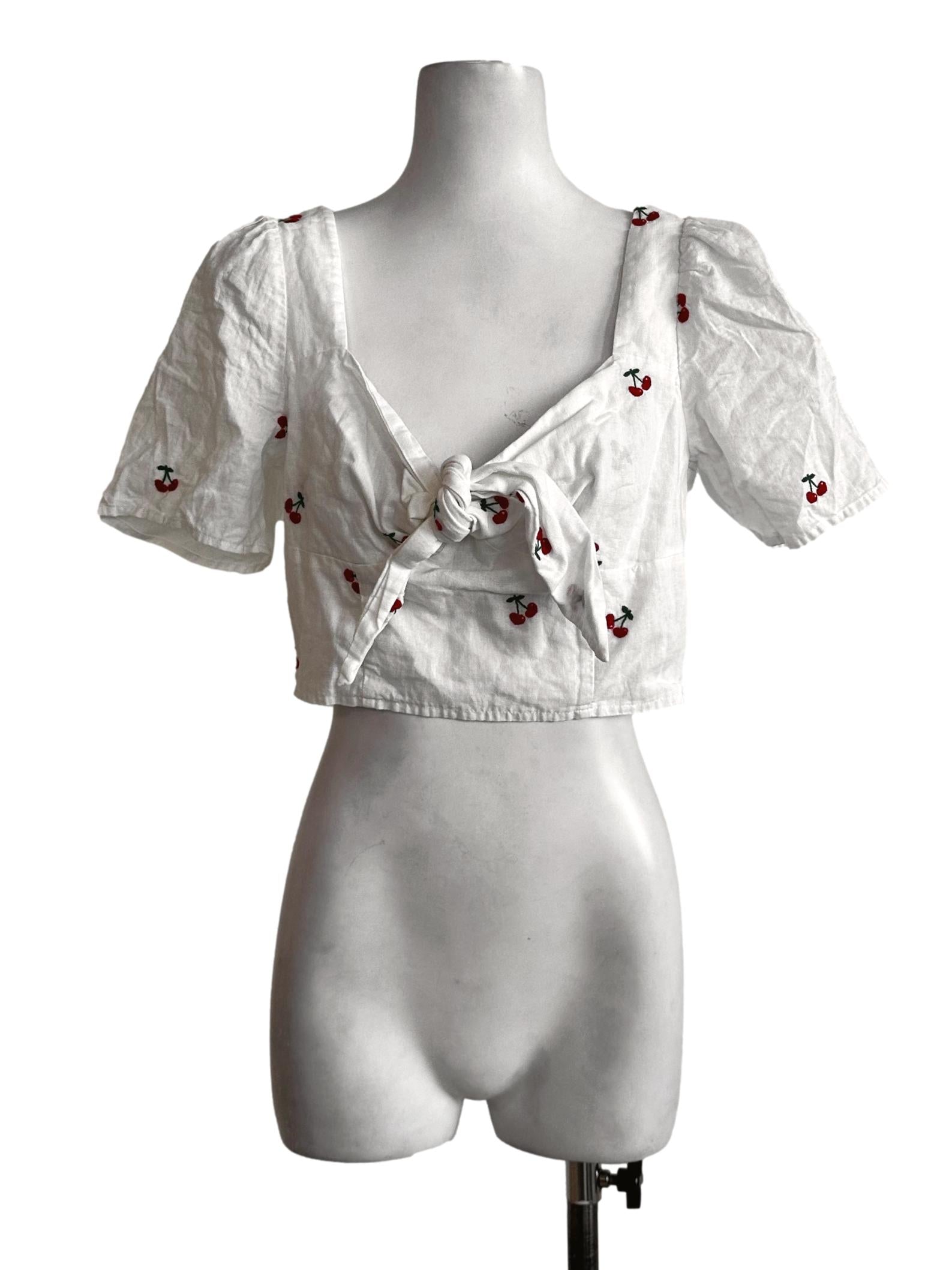 White Cherry Embroidery Crop Top