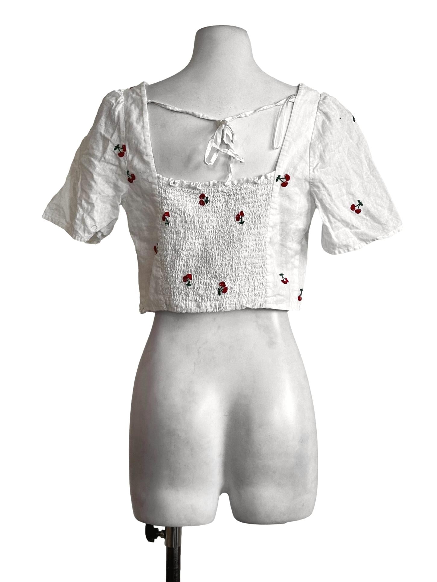 White Cherry Embroidery Crop Top