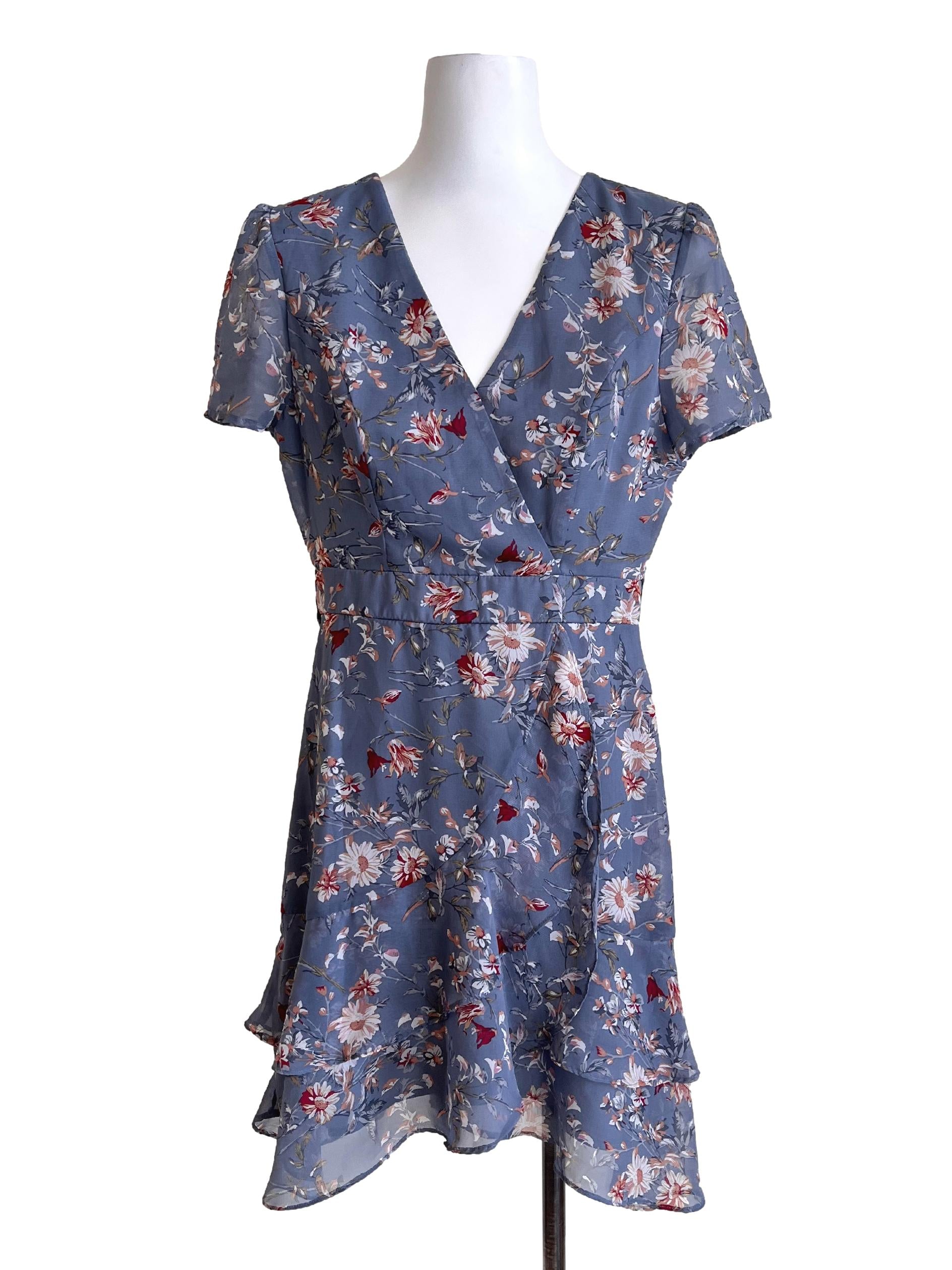 Slate Blue Ruffle Sleeve Wrap Dress