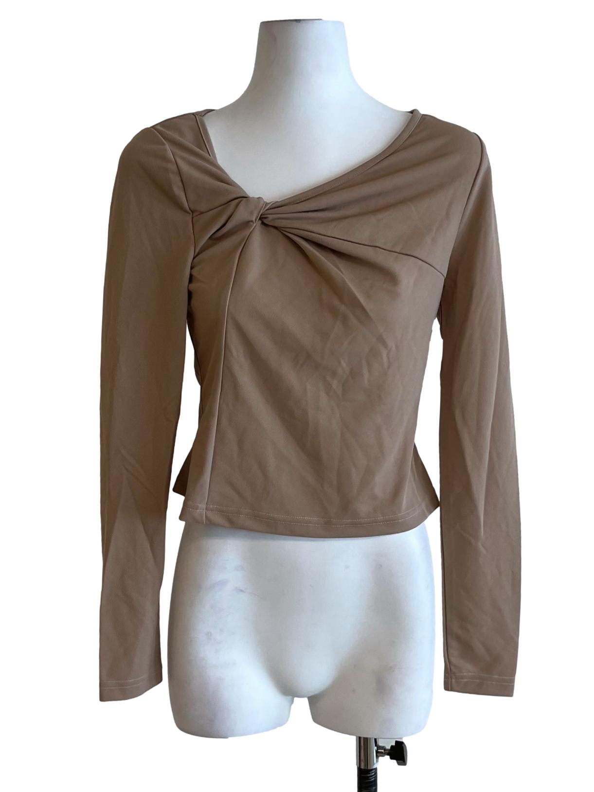 Brown Beige Asymmetrical Neckline Blouse