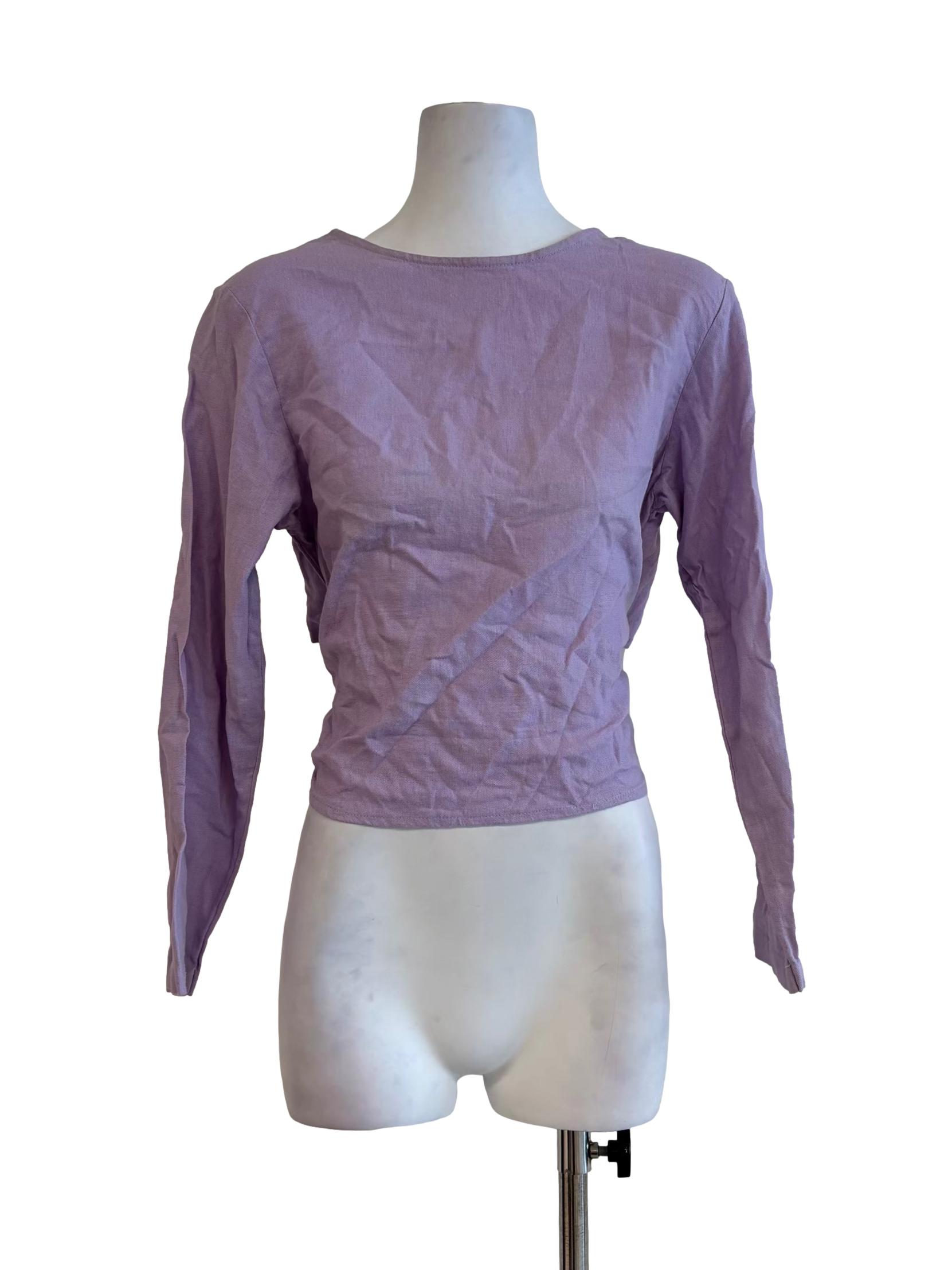 Periwinkle Back Tie Long Sleeve Linen Top
