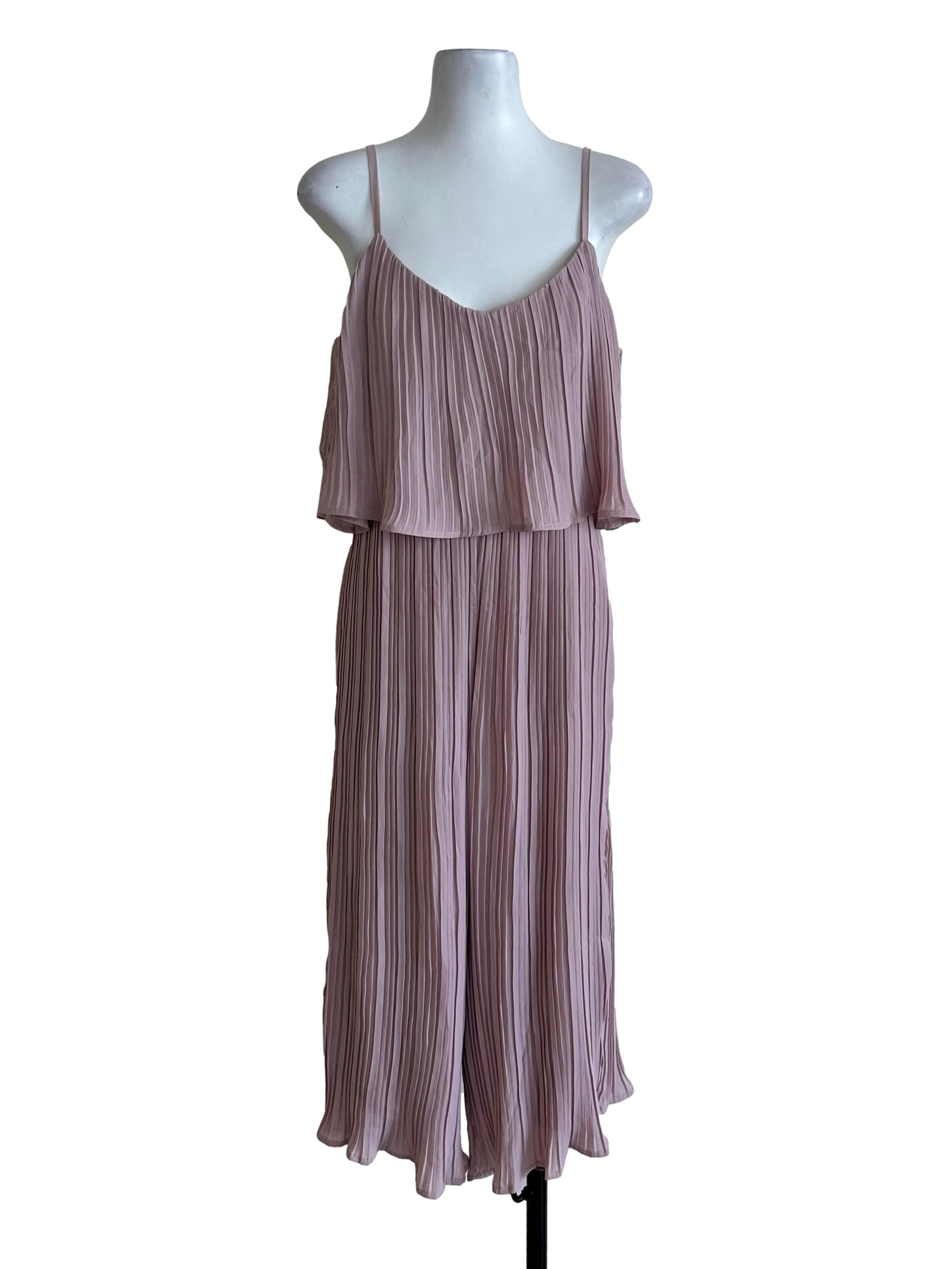Dusty Pink Pleated V Neck Jumpsuit