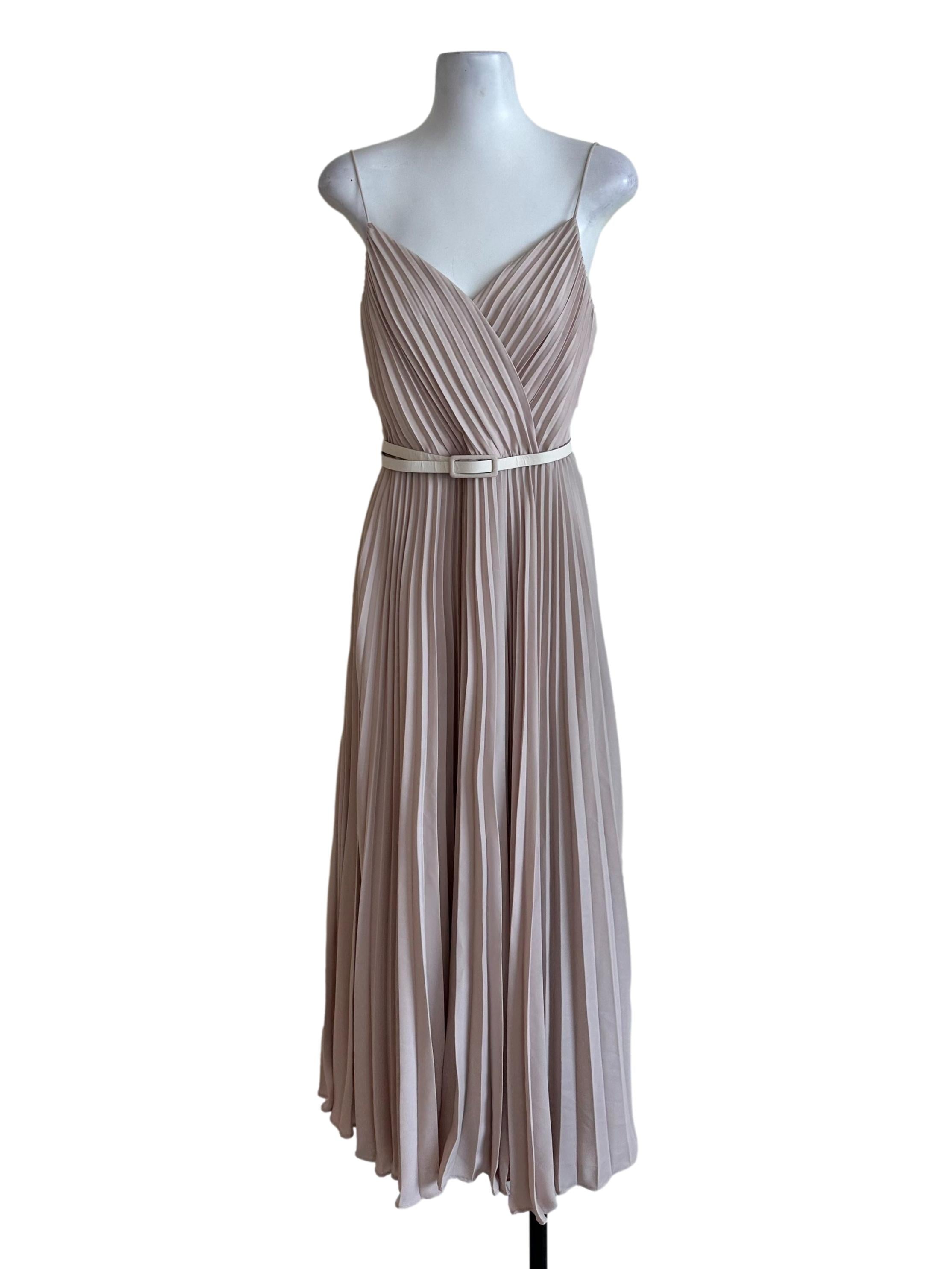 Sepia Beige Pleated Belt Strap Dress