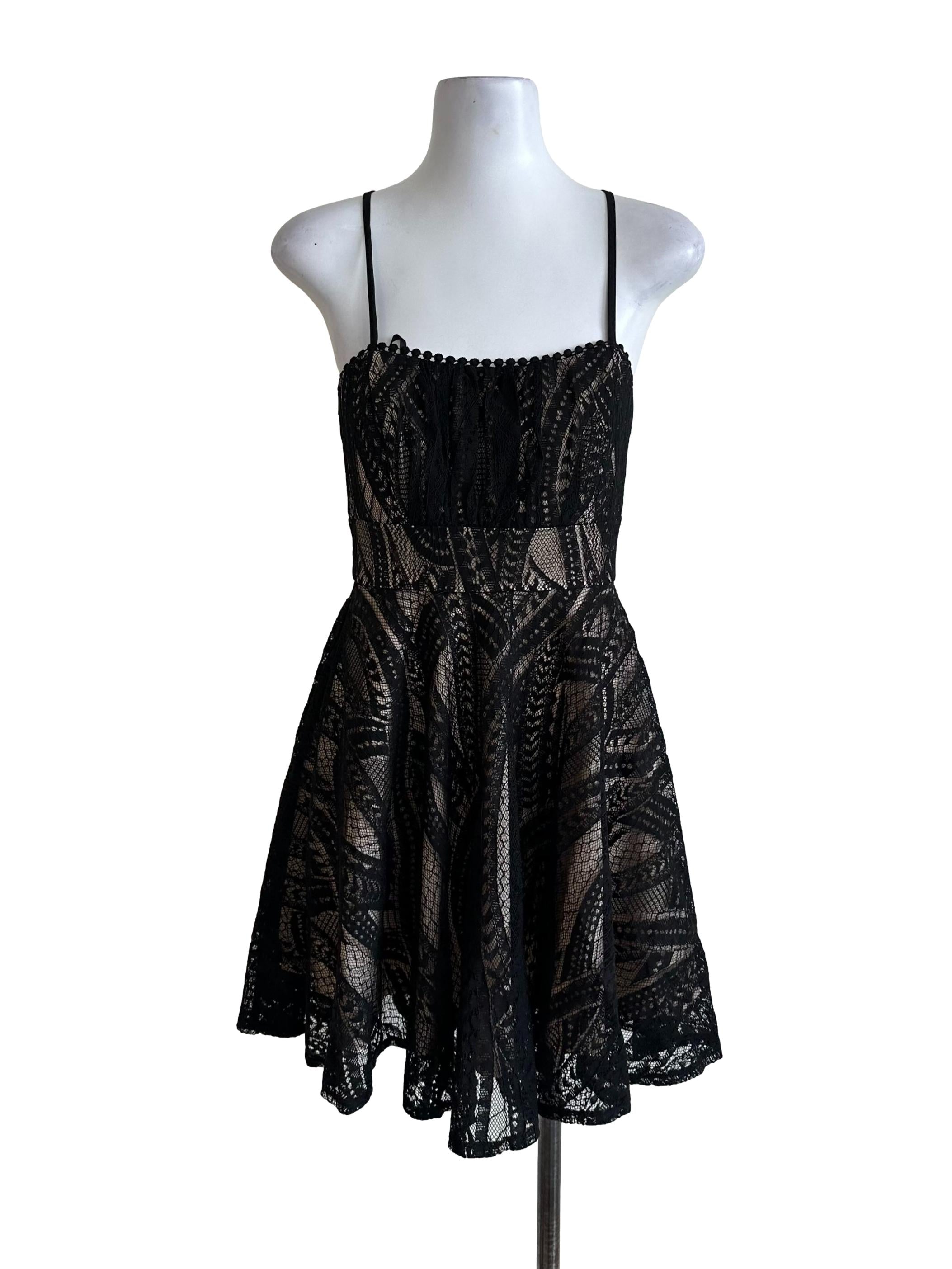 Black Beige Lace Square Neck Dress