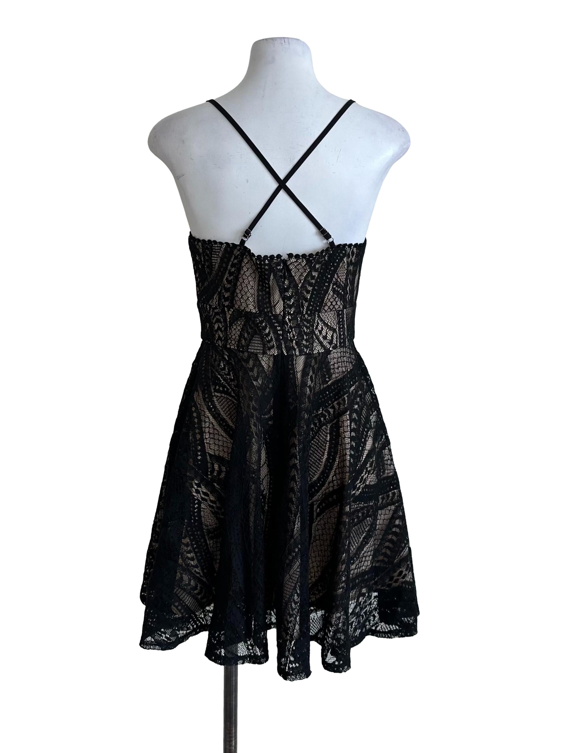 Black Beige Lace Square Neck Dress