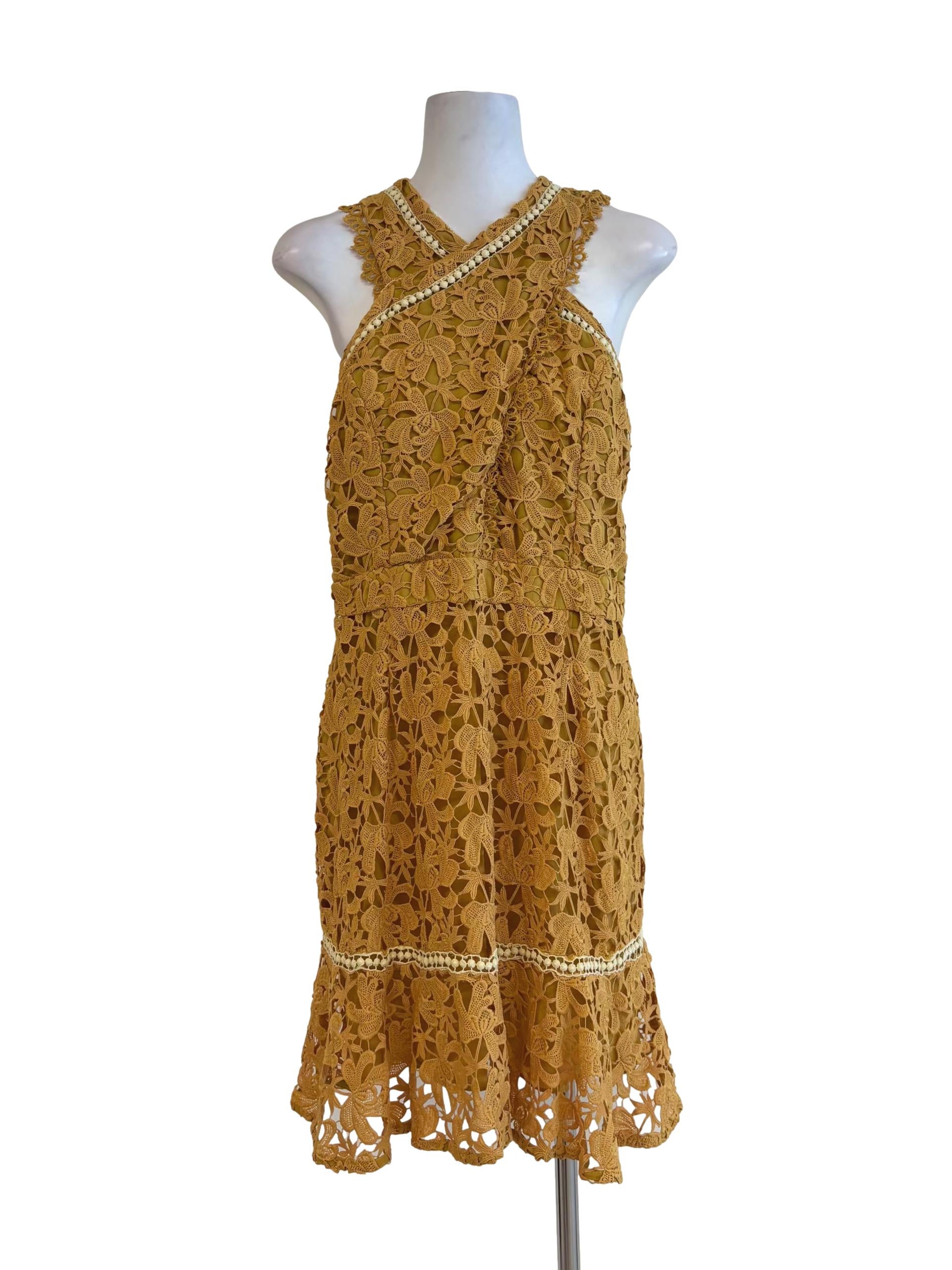 Amber Yellow Cross Neck Lace Pencil Dress