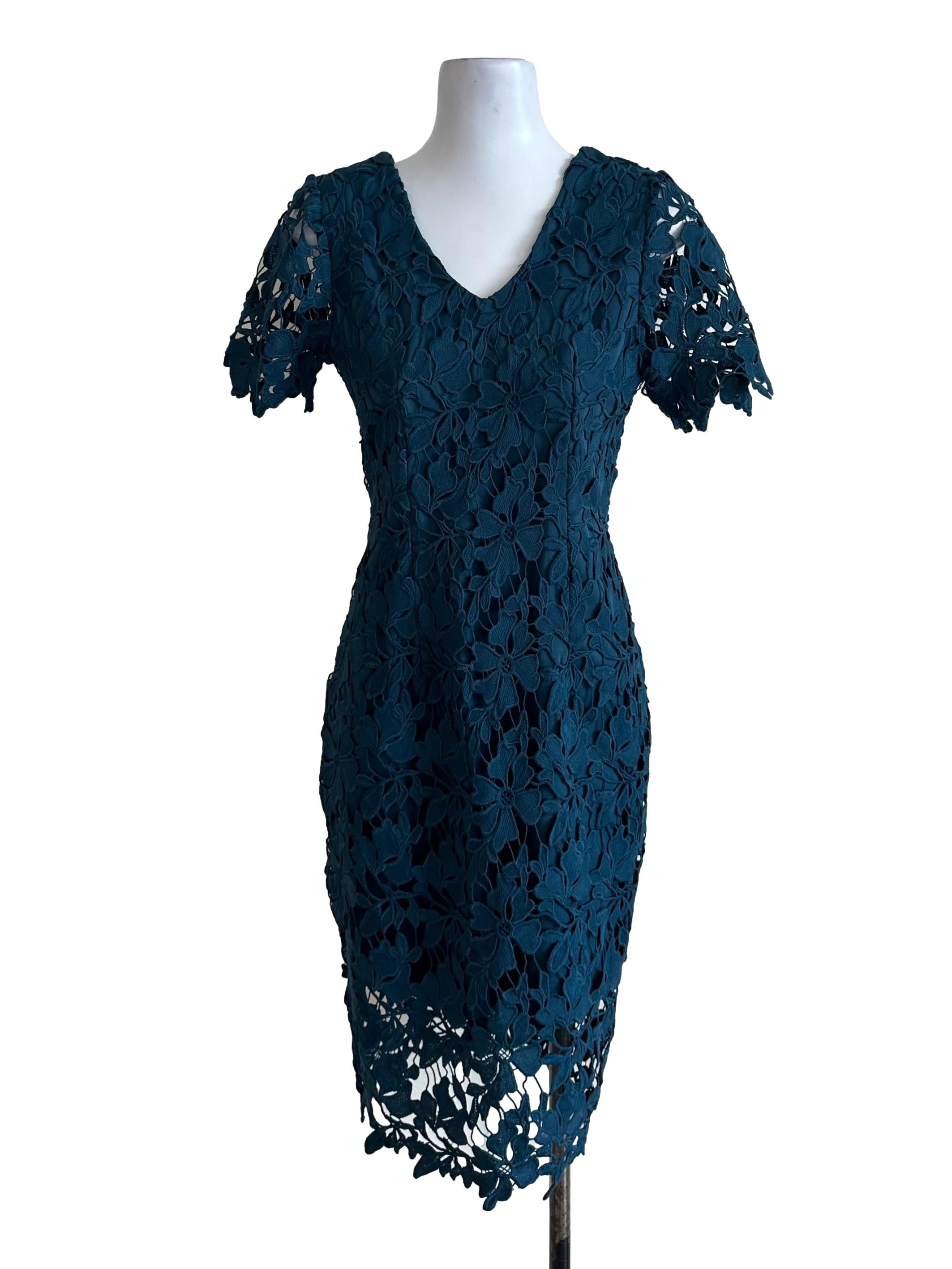 Teal Blue Lace Textured V Neck Dress