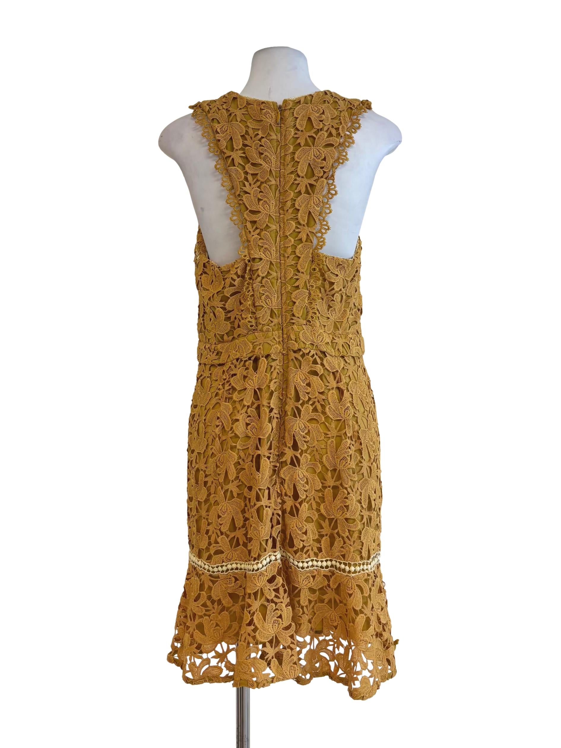 Amber Yellow Cross Neck Lace Pencil Dress