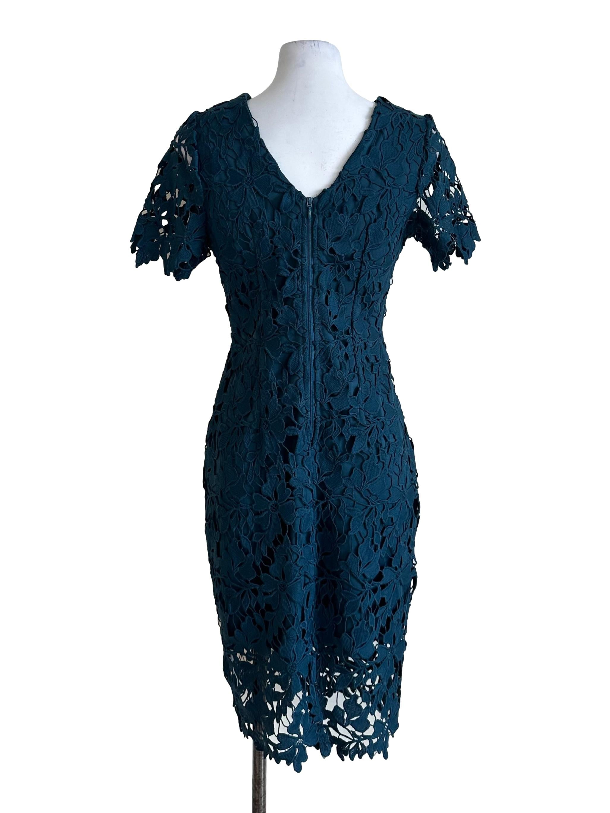Teal Blue Lace Textured V Neck Dress