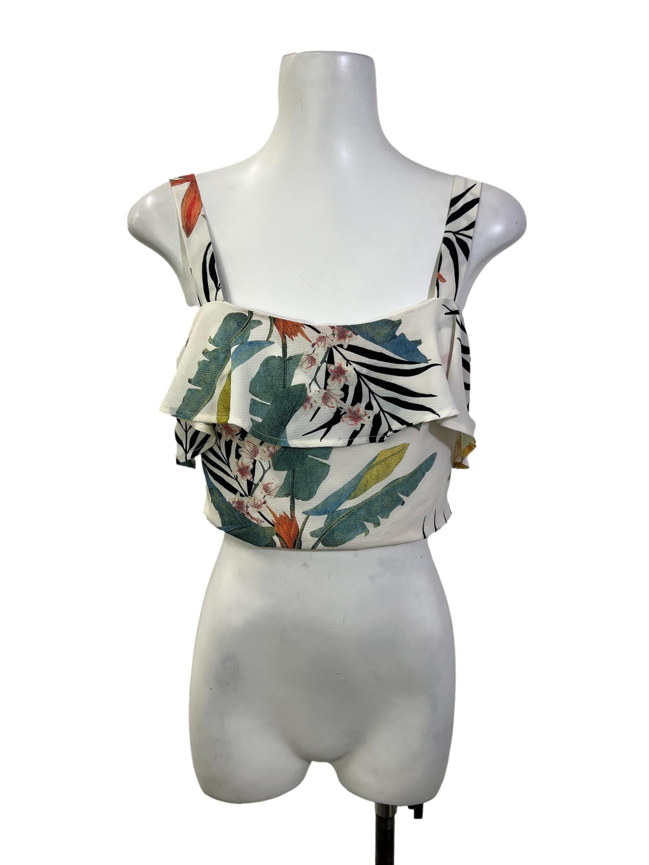 White Tropical Print Tank Top