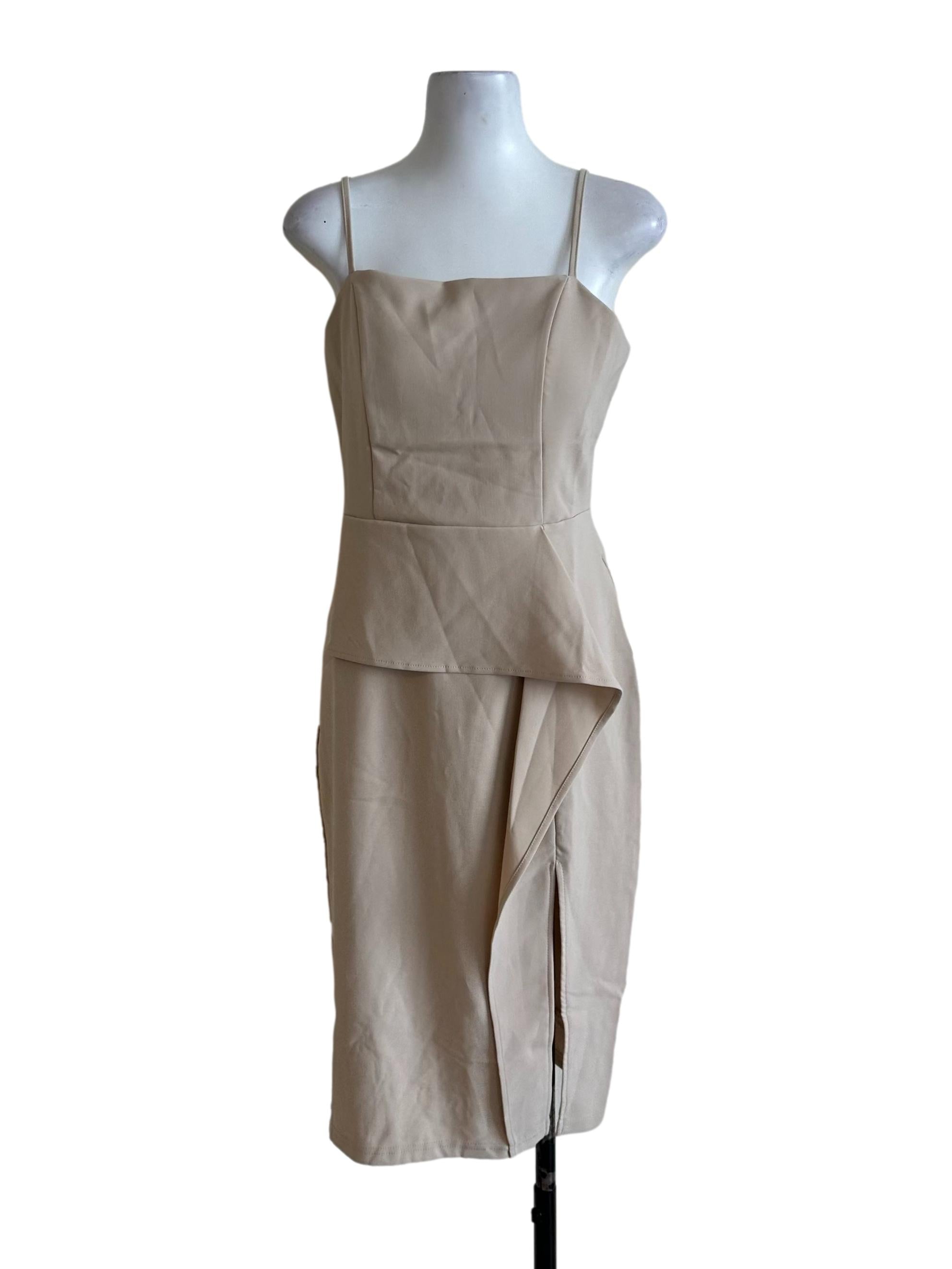 Cream Beige Square Neck Slit Sheath Dress