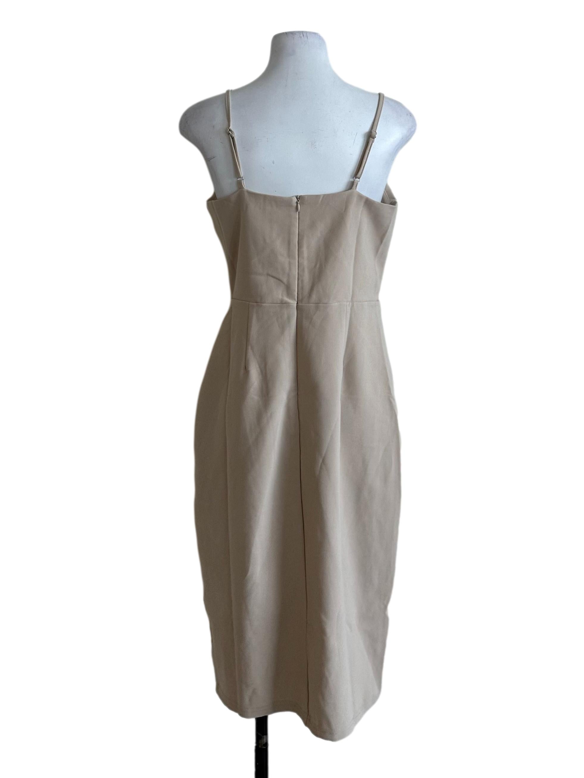 Cream Beige Square Neck Slit Sheath Dress