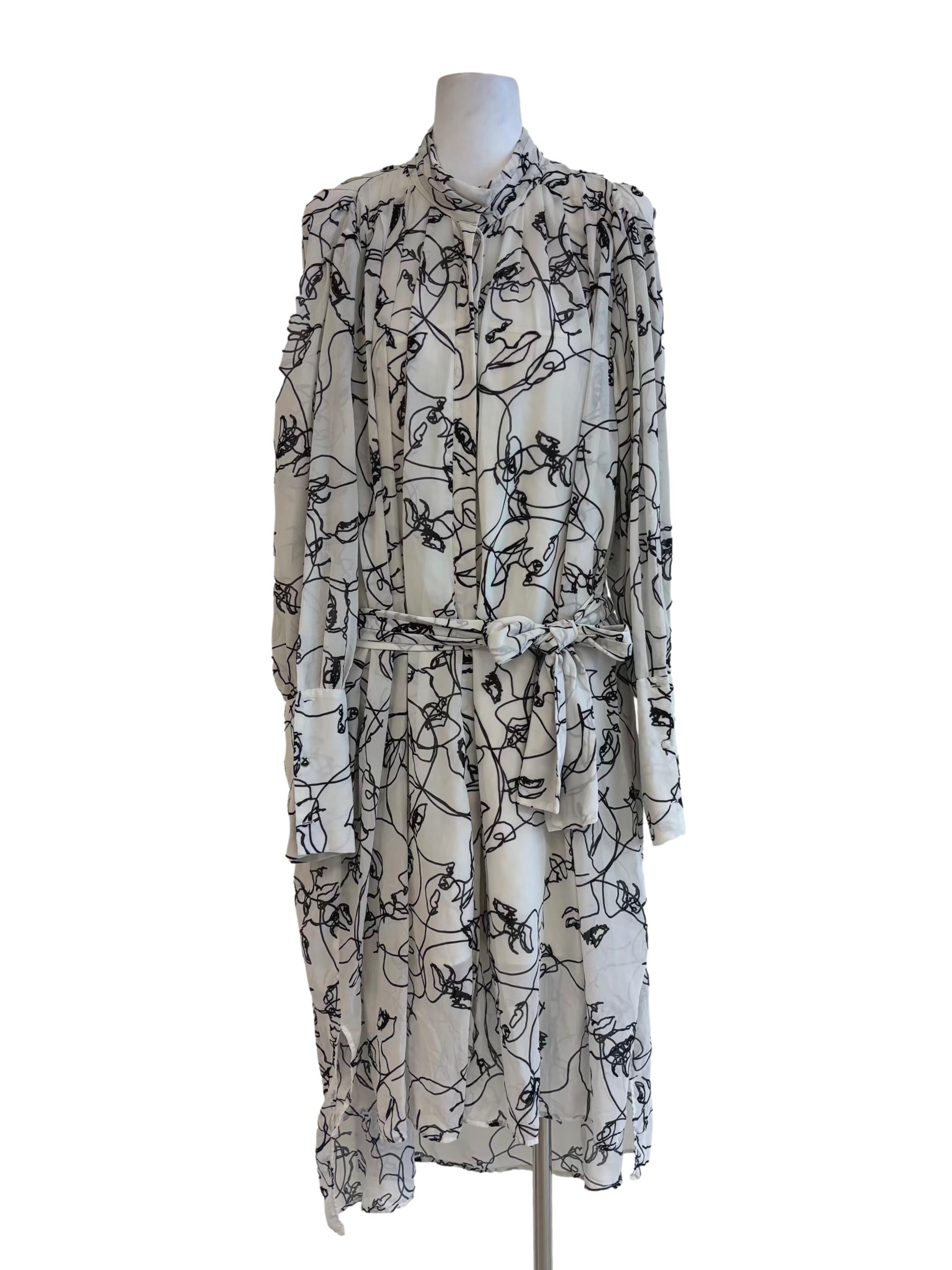 Pearl White Abstract Print Long Sleeve Dress