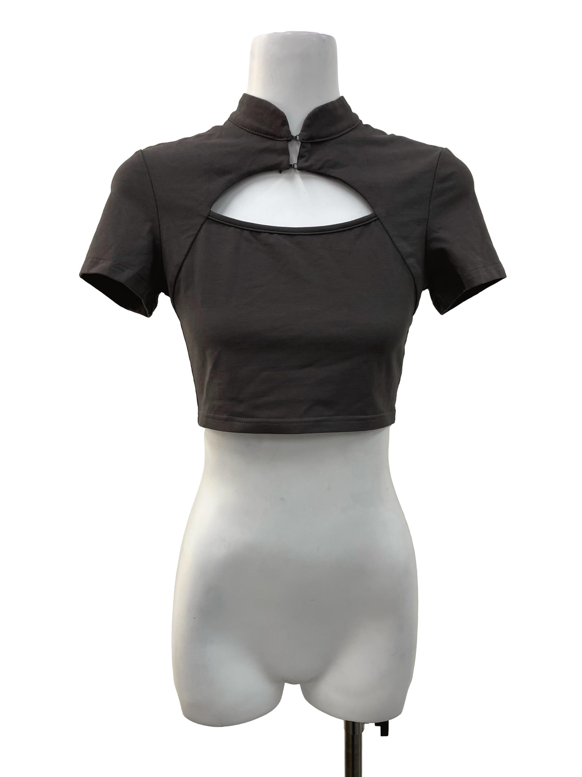 Grey Mandarin Collar Cropped Top