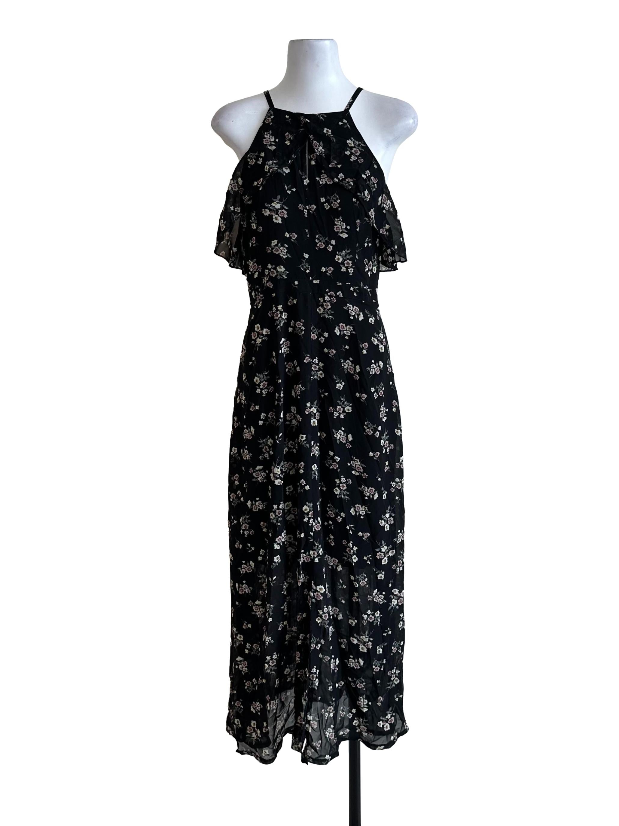 Raven Black Chiffon Pattern Halter Dress