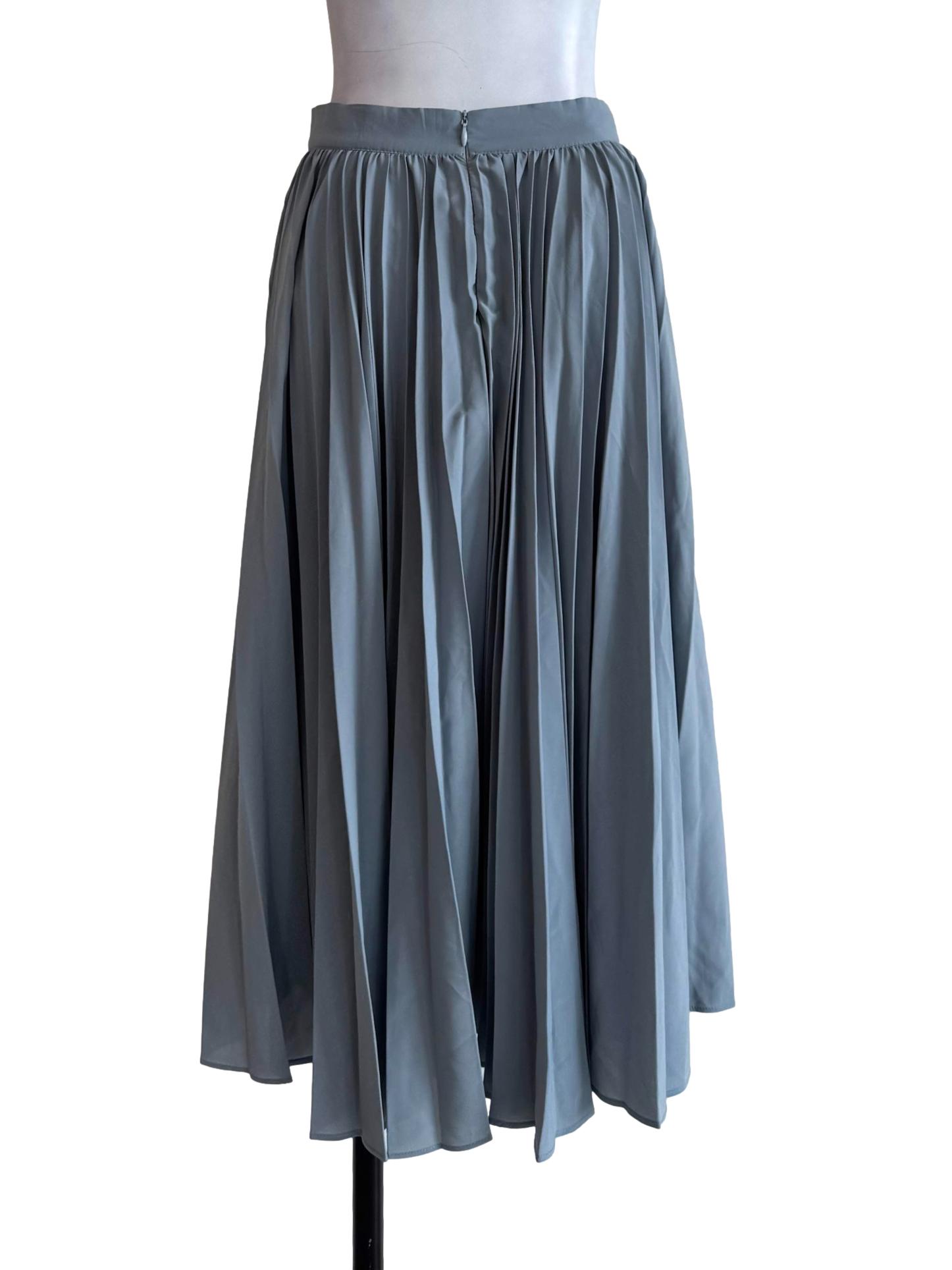 Smoke Blue Pleated A-Line Skirt