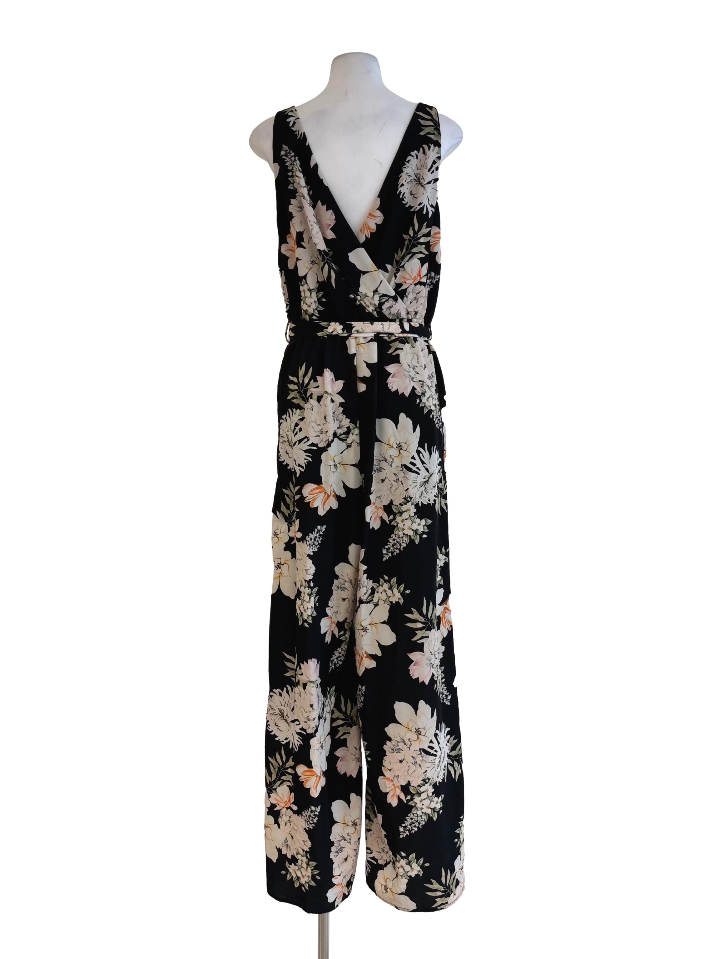 Soft Black White Floral Surplice Jumpsuit