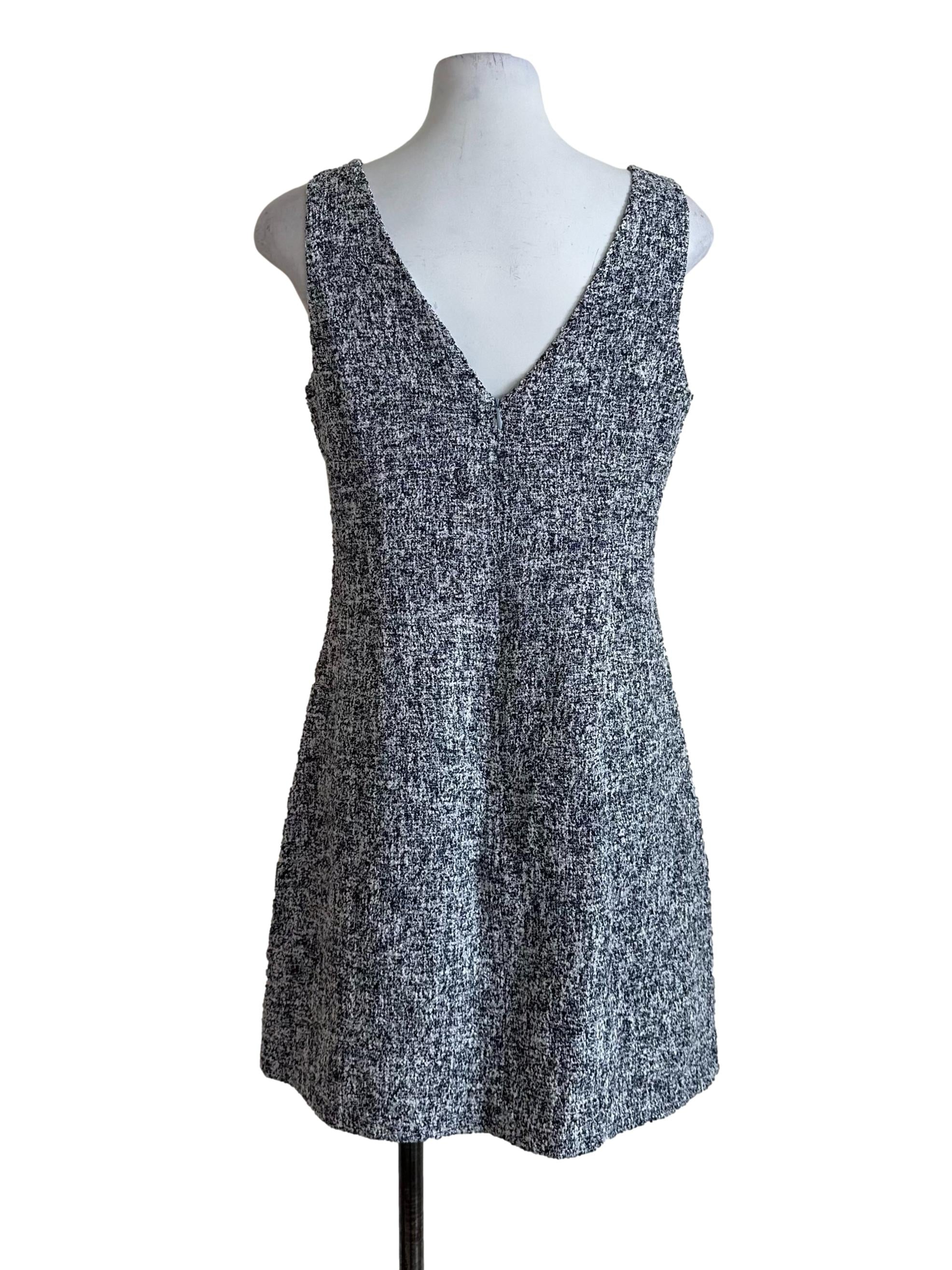 Dark Blue Tweed Textured V Neck Dress