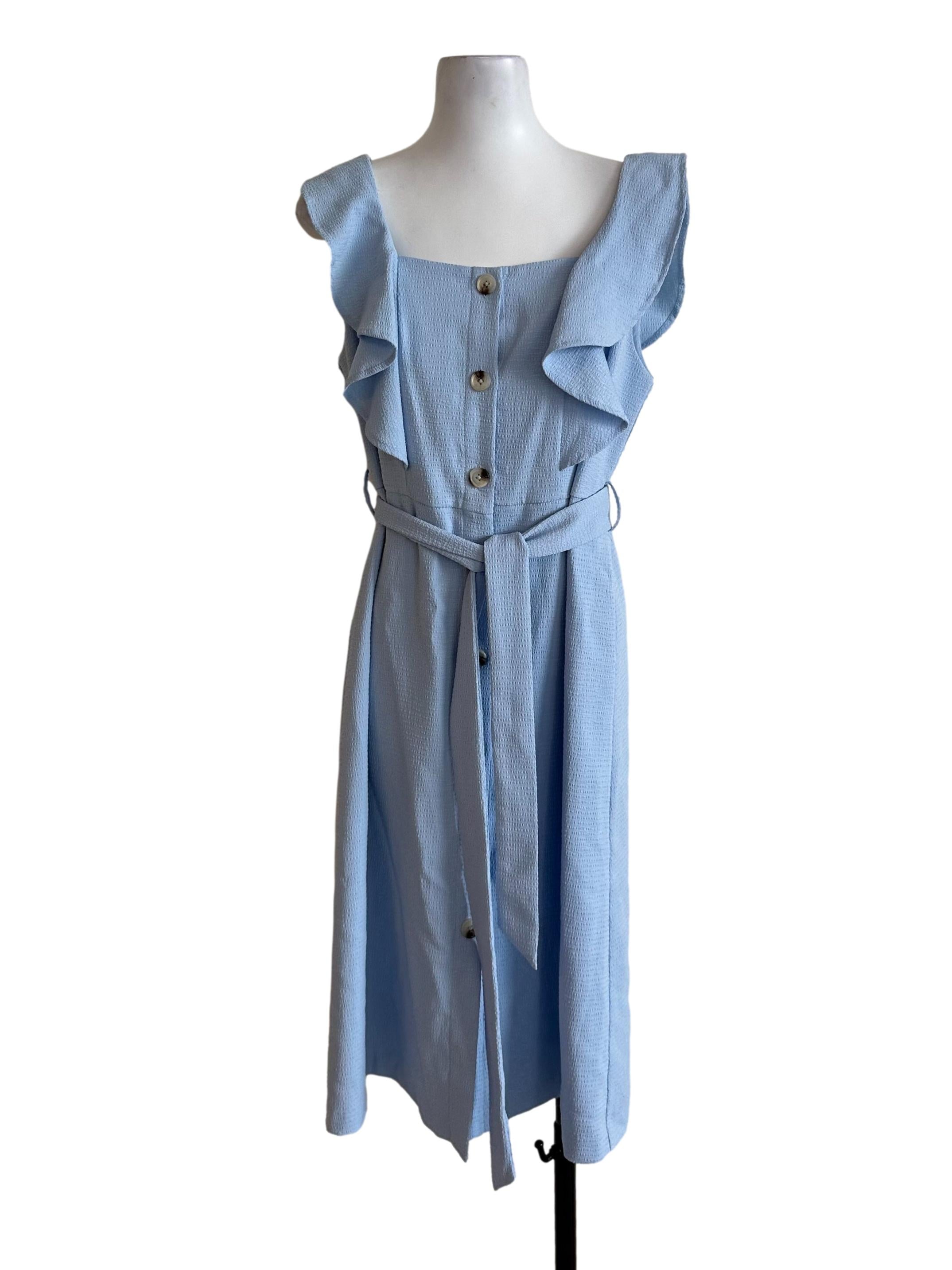 Baby Blue Square Neck Ruffle Textured Dress