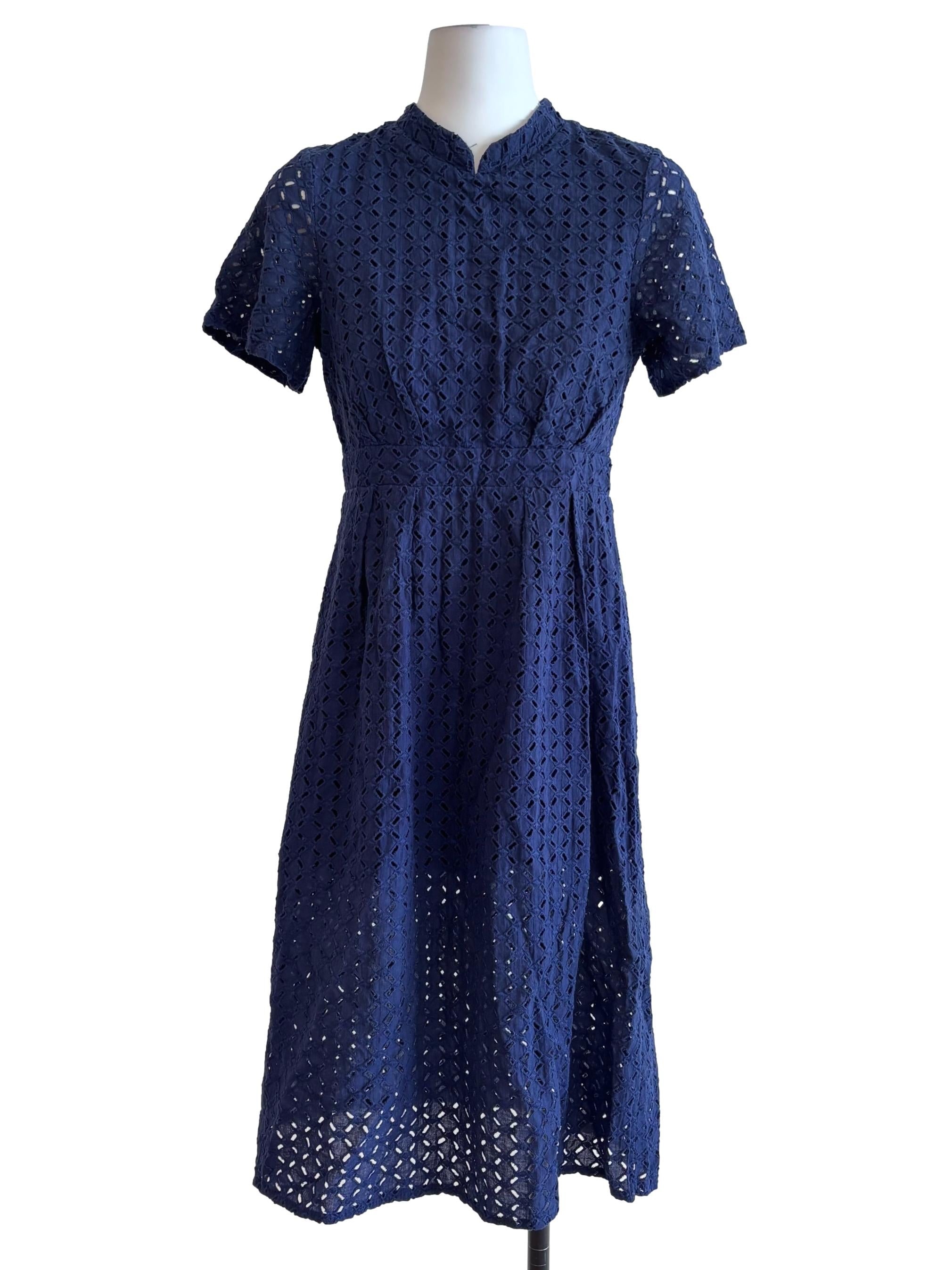 Navy Blue Eyelet Mandarin Collar Dress